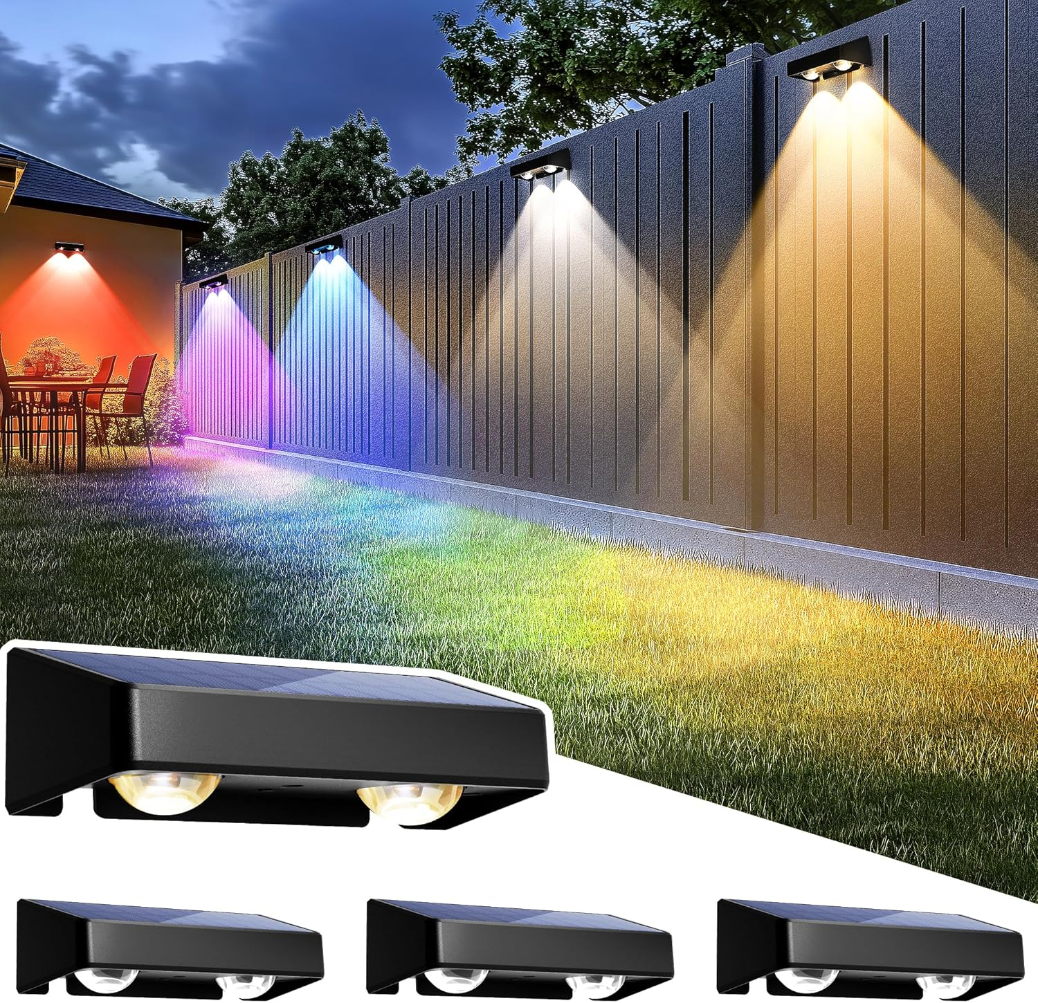 Solar Fence Lights Outdoor, 9 Fixed Colors ＆ Color Changing Fence Solar Lights Outdoor Waterproof IP65, LED Deck Lighting for Wall Step Patio Railing Pool Backyard Porch(4 Pack) image number 6