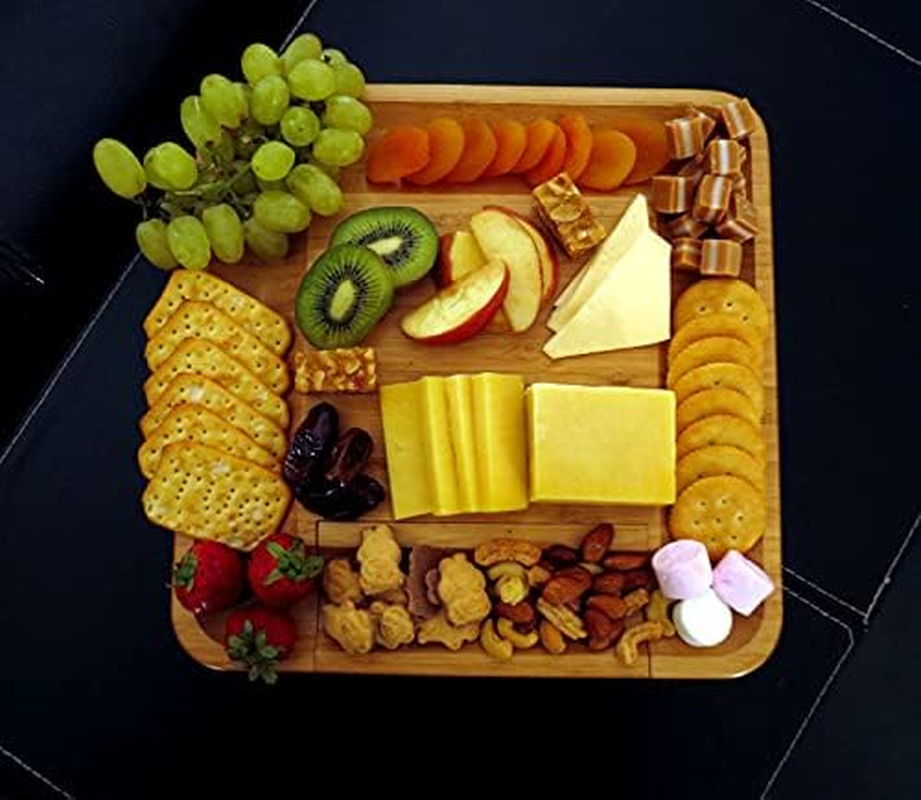 Cheese Board Set with 4Pcs Knives and Fork, Serving Tray with Hidden Slide-Out Drawer for Cutlery and Space for Crackers and Snacks, Bamboo Charcuterie Cutting Plate with Tools - House Warming Gift image number 2