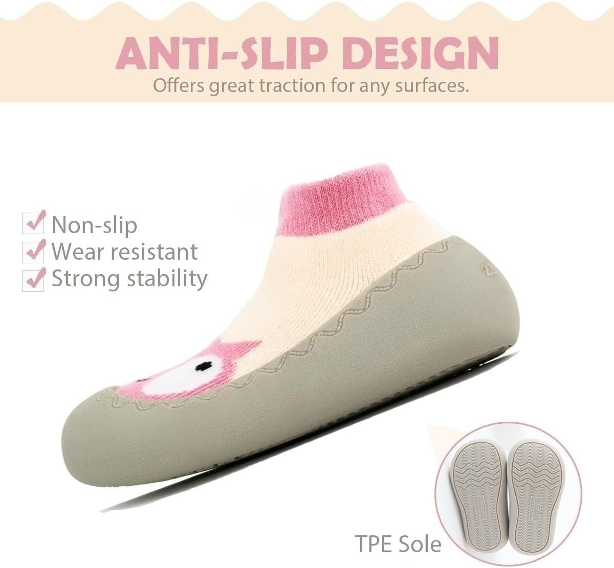 Non-Slip Baby Toddler Sock Shoes, Ultra-Lightweight Cotton Baby First Walking Shoes Slipper Shoes with Soft Rubber Sole Unisex Non-Skid Indoor Outdoor Floor Slipper Kid Girls Boys Socks Boots image number 2
