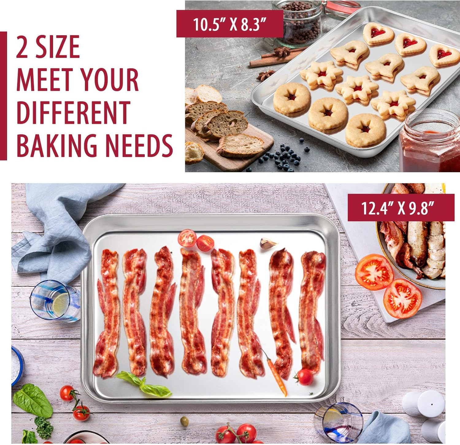 E-Far 12-Piece Stainless Steel Bakeware Sets, Metal Baking Pan Set Include round Cake Pans, Square/Rectangle Baking Pans with Lids, Cookie Sheet, Loaf/Muffin/Pizza Pan, Non-Toxic & Dishwasher Safe