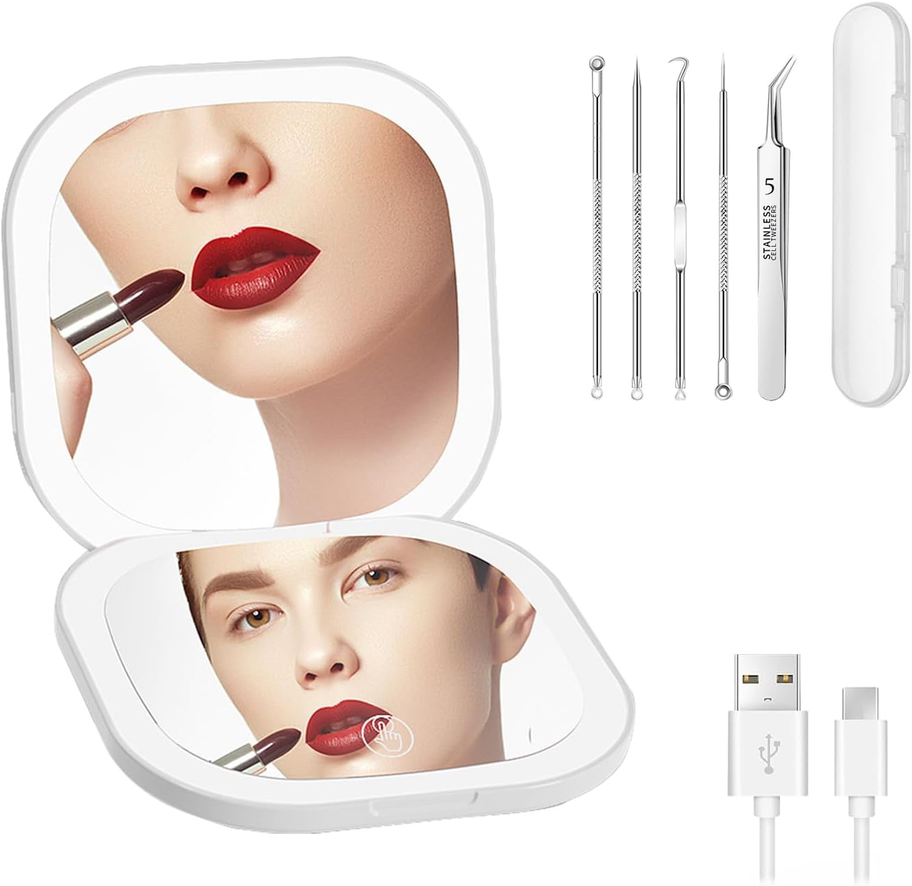 Compact LED Magnifying Travel Makeup Mirror 1X/3X Travel Mirror Makeup Mirror Vanity Mirror Make up Mirror with Lights Precision Tweezers Pimple Popper Blackhead Remover Tool Blackhead Remover image number 6