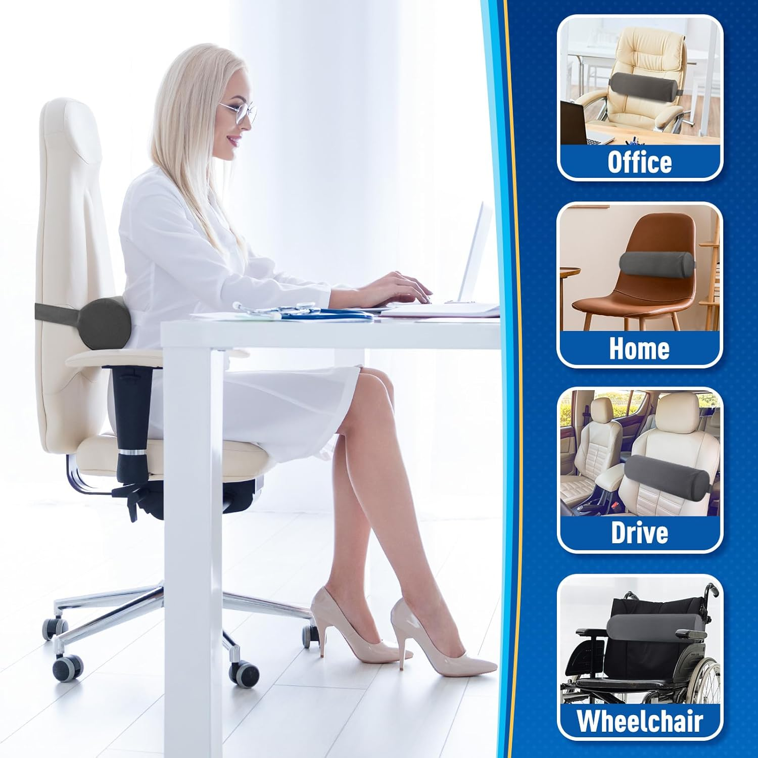 Seat Cushion, Lumbar Roll Support Pillow for Office Chair, Car, Gaming Chair, Memory Foam Back Cushion with Washable Cover for Relieving Back Pain & Improving Posture,Grey image number 1