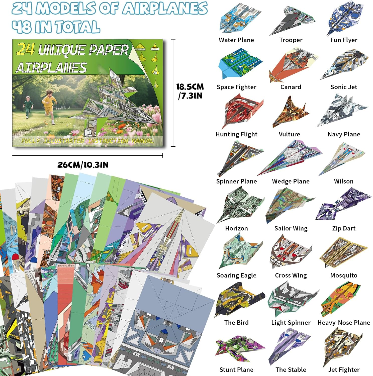 Elfew 48 Sheet Paper Airplane Kit for Kids Ages 8-12, Origami Paper Plane Kits for Boys, Crafts for Kids Activities, Origami Book, Airplane Toys Gifts for Boys and Girls image number 1
