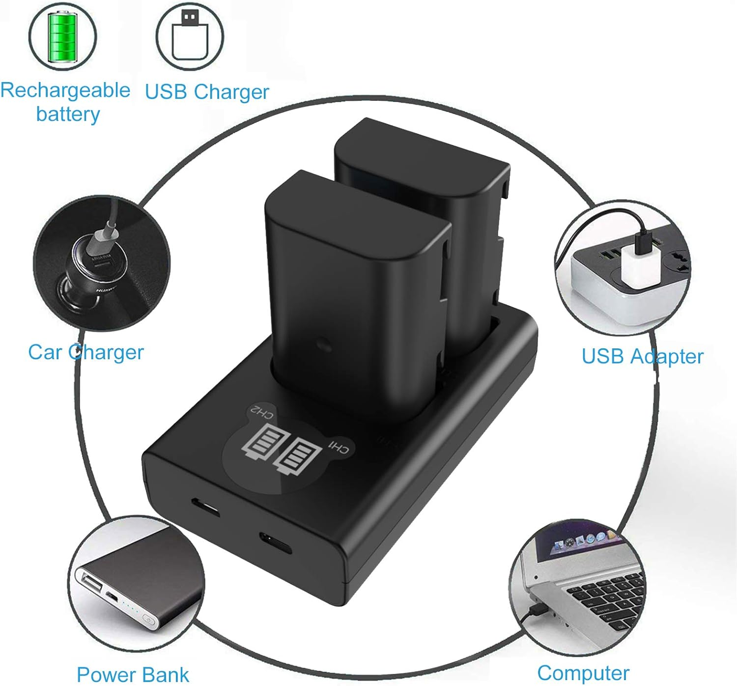 DMW-BLF19 DMW-BLF19E Battery (2 Pack) and Dual USB Charger Kit for Lumix DMC-GH3 DMC-GH3A DMC-GH3H DMC-GH4 DMC-GH4H DC-GH5 DC-GH5S DC-G9 image number 1