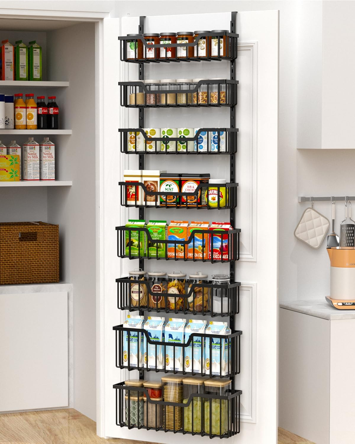 12.3" W Narrow over the Door Pantry Organizer, 6-Tier over the Door Organizer with Adjustable Basket, Pantry Door Organization for Pantry Kitchen Storage Room Spice Rack, White