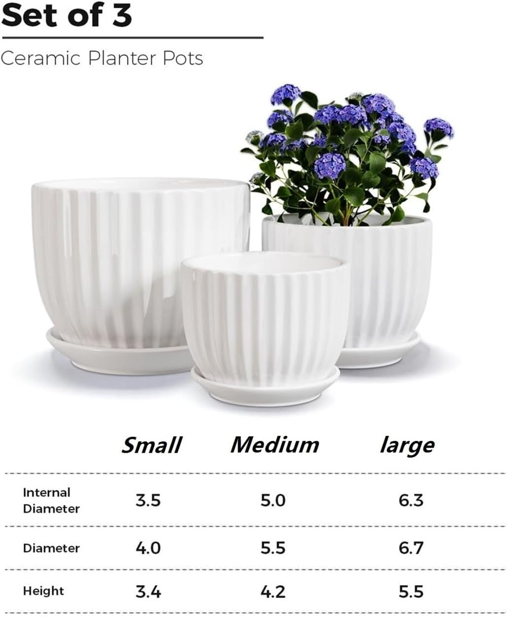 Ceramic Plant Pot 3/4/5 Inch 3 Packs White Indoor/Outdoor Flower Planter with Drainage Holes, Trays for Succulents, Flowers, and Herbs image number 2