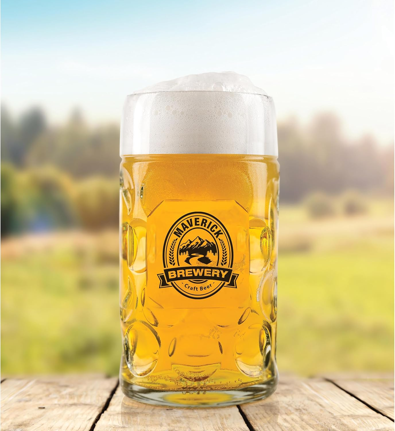 Isgift Maverick Classic Glass Beer Stein, Clear, 1L, Traditional Dimple Design with Logo, Great for Enjoying Cold Beers, Ideal for Home Bars and Bbqs image number 1