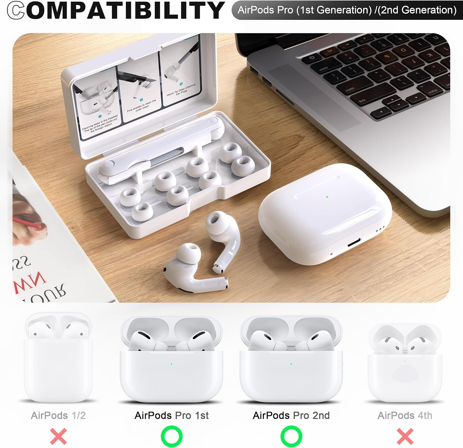 R-Fun [4 Pair] Replacement Ear Tips Compatible with Airpods Pro 2Nd/1St Generation with Cleaner Kit, Silicone Ear Tips with Noise Reduction Hole for Airpods Pro Charging Case(X/S/M/L) image number 1