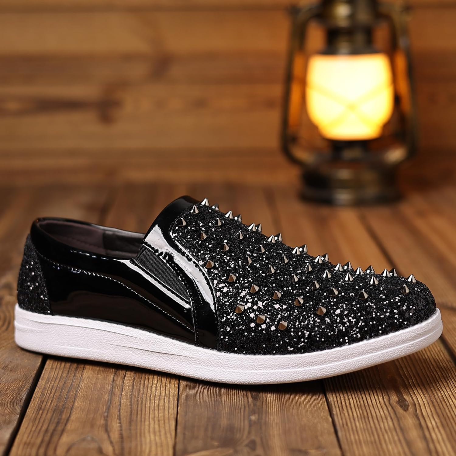 Trsorini Men'S Glitter Spikes Sneakers Sparkly Shiny Light-Up Shoes Metal Rivet Soft Sole Male Shoes image number 2