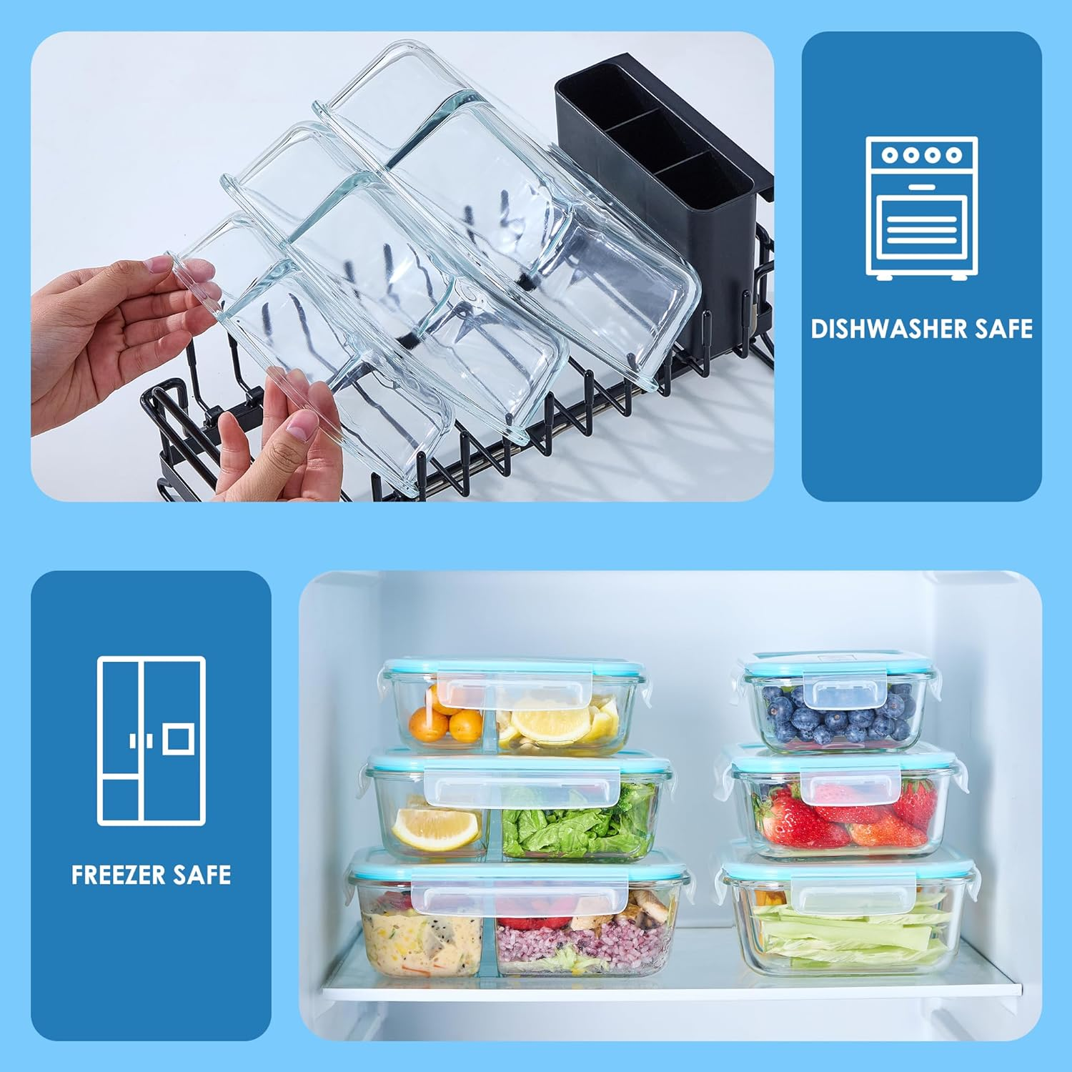12 Pcs 6 Pack Glass Meal Prep 2 Compartment Containers. Food Storage Lunch Containers. Airtight Snap Lock Lids with Steam Vents. BPA Free. Microwave, Dishwasher, Oven & Freezer Safe. Food Organisation image number 3