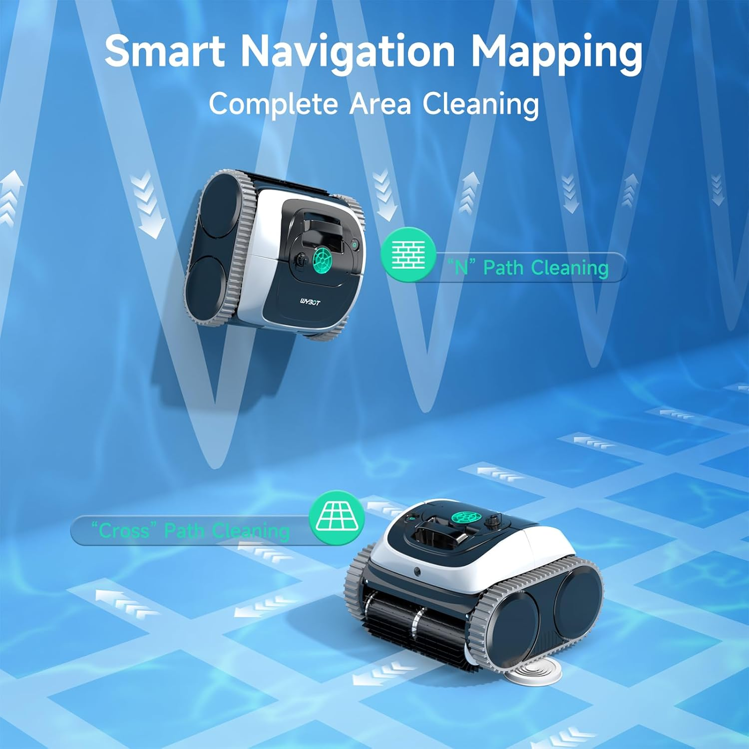 WYBOT C1 Cordless Pool Cleaner, Wall & Waterline Cleaning, Pool Vacuum Robot with Smart Route Planning, 150 Mins Runtime, for Inground Pools up to 150㎡ (Blackwhite & Green) image number 5