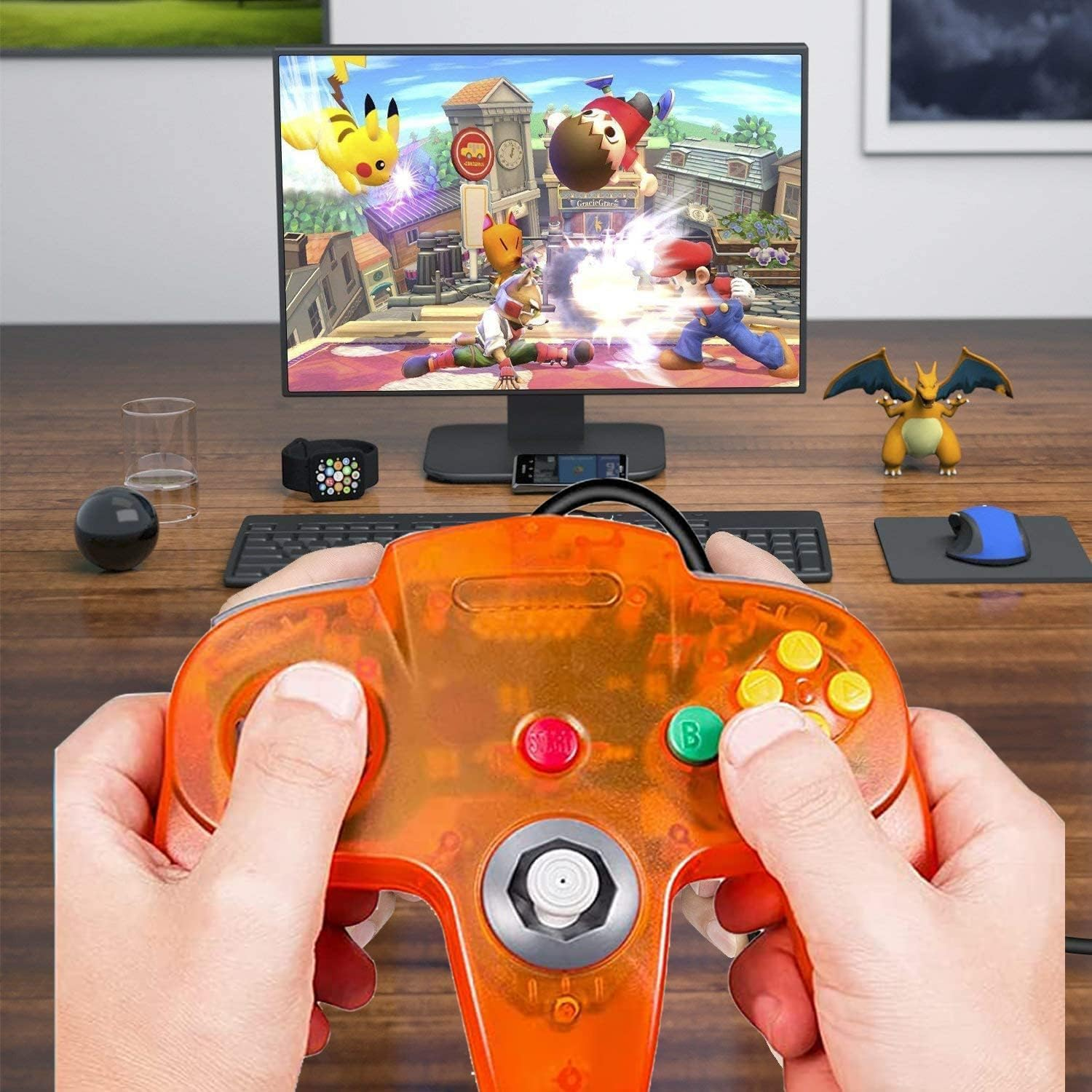 Retro N64 USB Controller, N64 Remote Wired USB Game Emulator Controller for Windows XP 7 8 11& MAC & Retropie (&zwnj;Transparent Orange&zwnj;) - Transparent Green image number 3