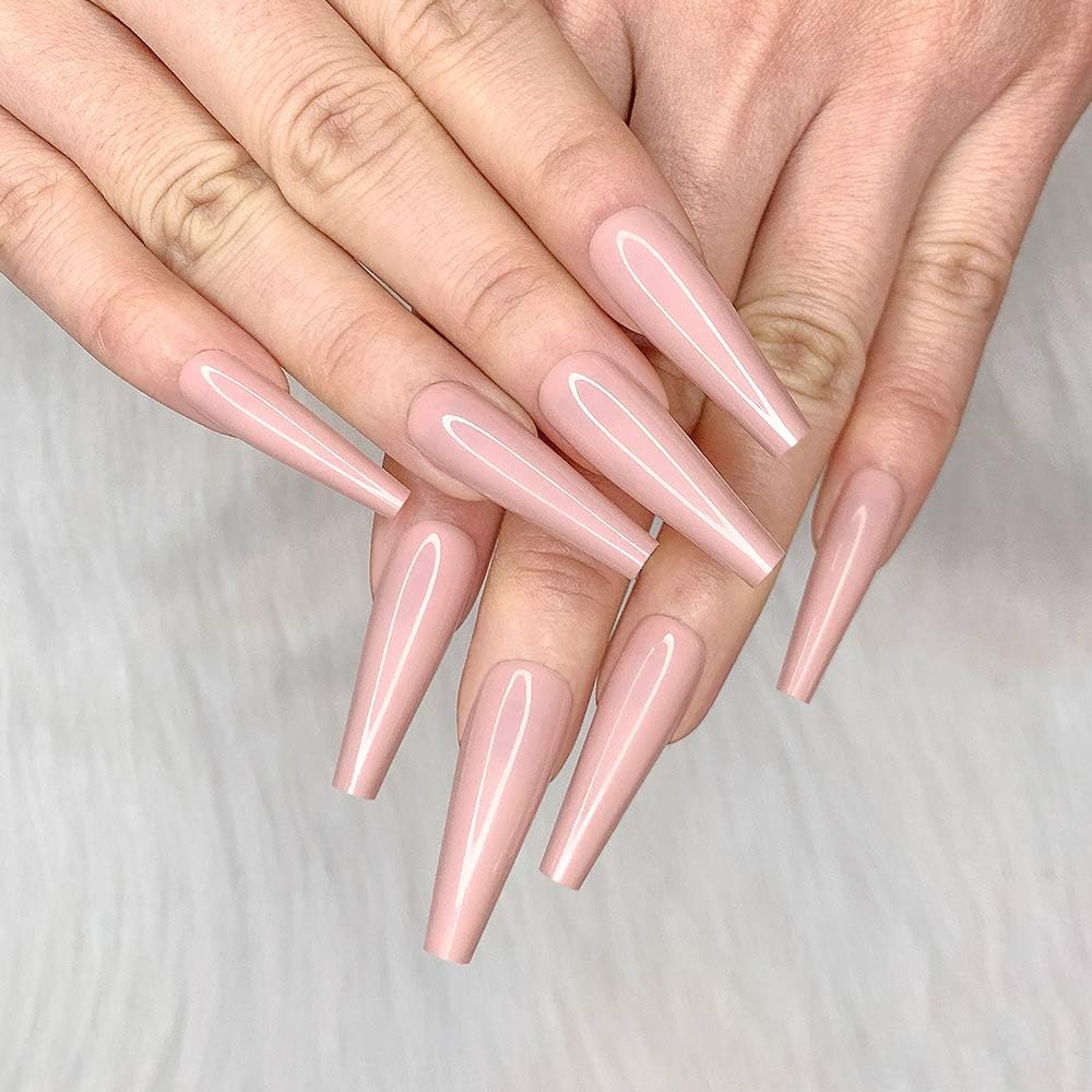 Artquee 24Pcs Light Nude Clear Pure Color Ballerina Long Coffin Glossy Fake Nails Press on Nail False Tips Manicure for Women