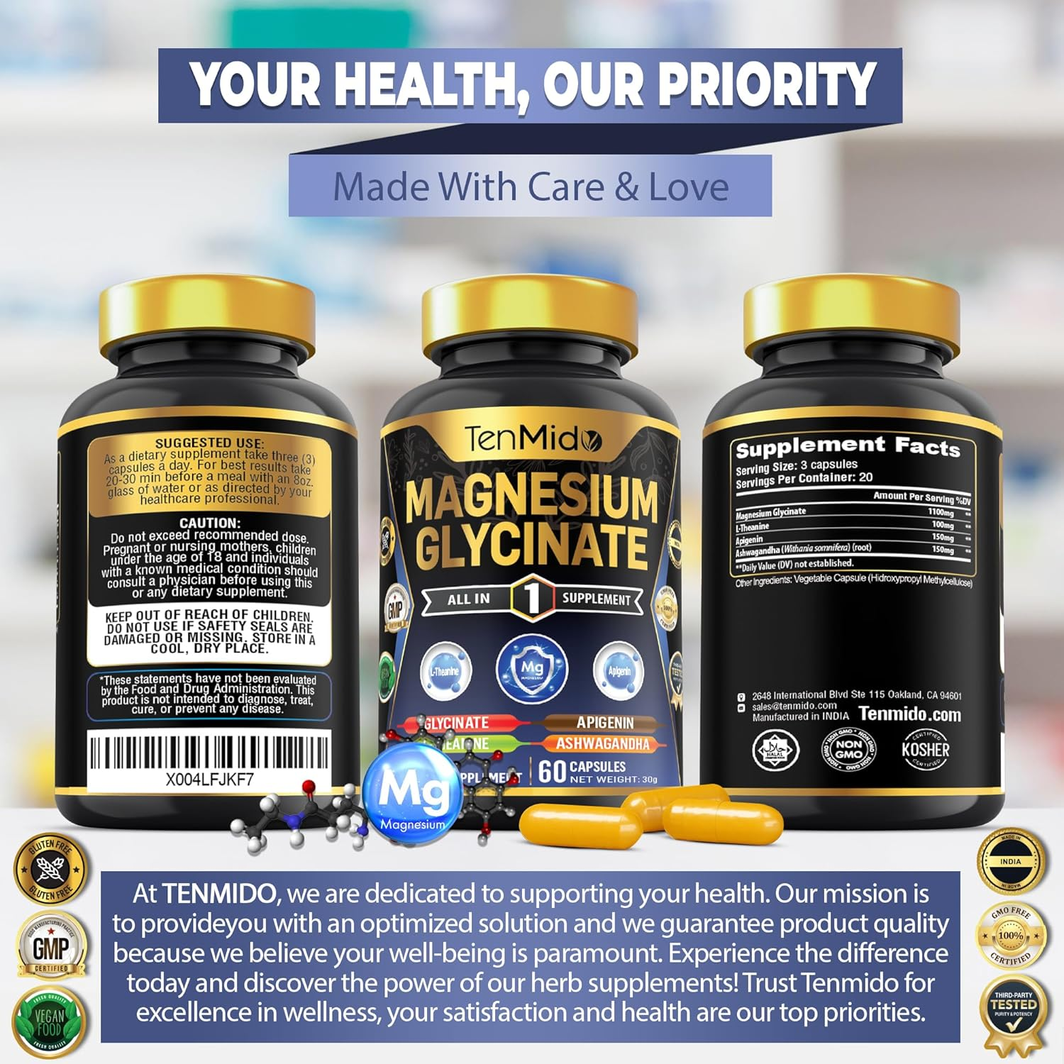 Tenmido Magnesium Glycinate Supplements - 4In1 with L-Theanine, Ashwagandha, and Apigenin - 60 Vegan & Non-Gmo Capsules image number 1