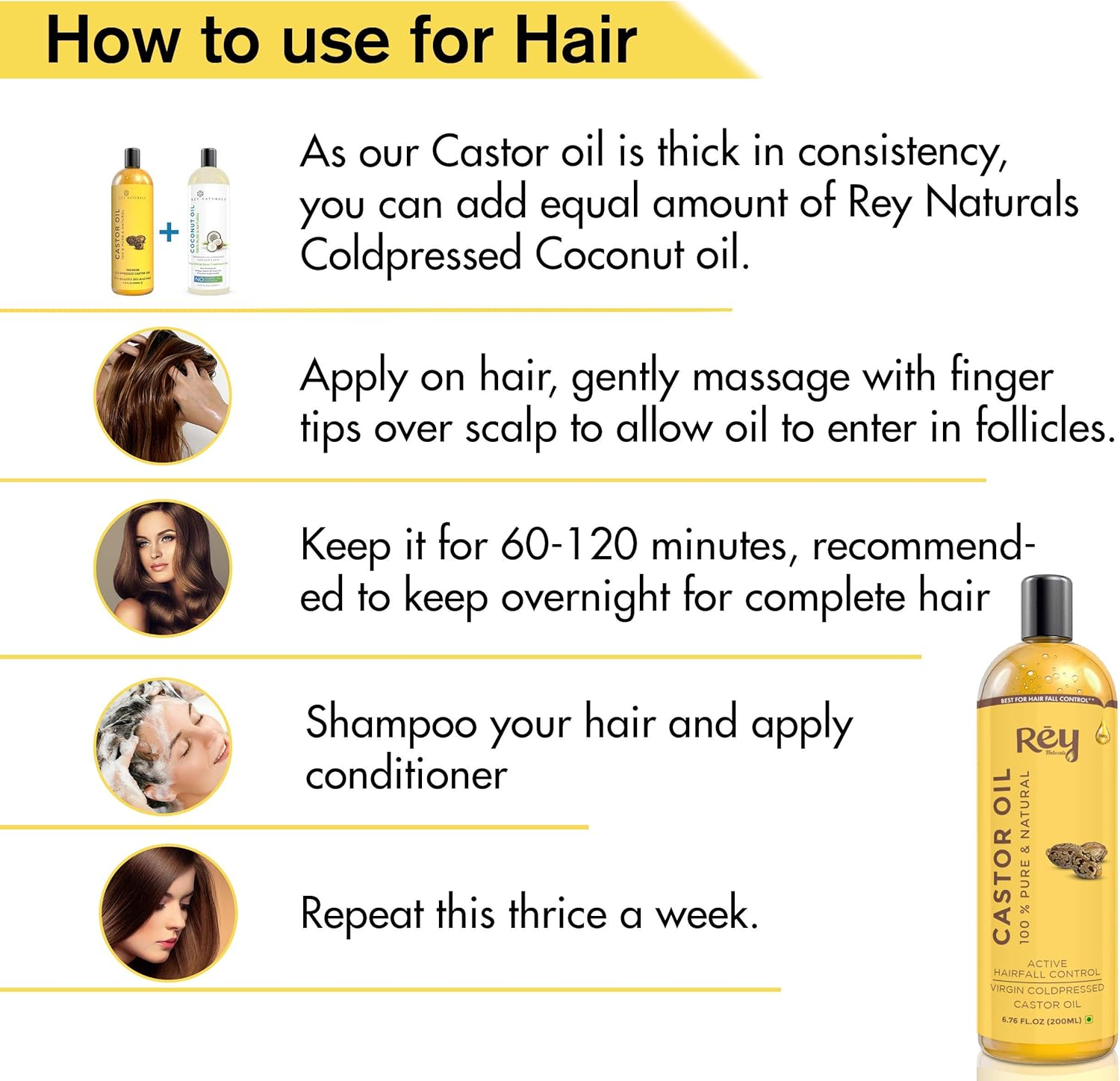 Rey Naturals Cold Pressed Castor Oil & Sweet Almond Oil - for Hair & Skin - 200Ml + 200Ml image number 4