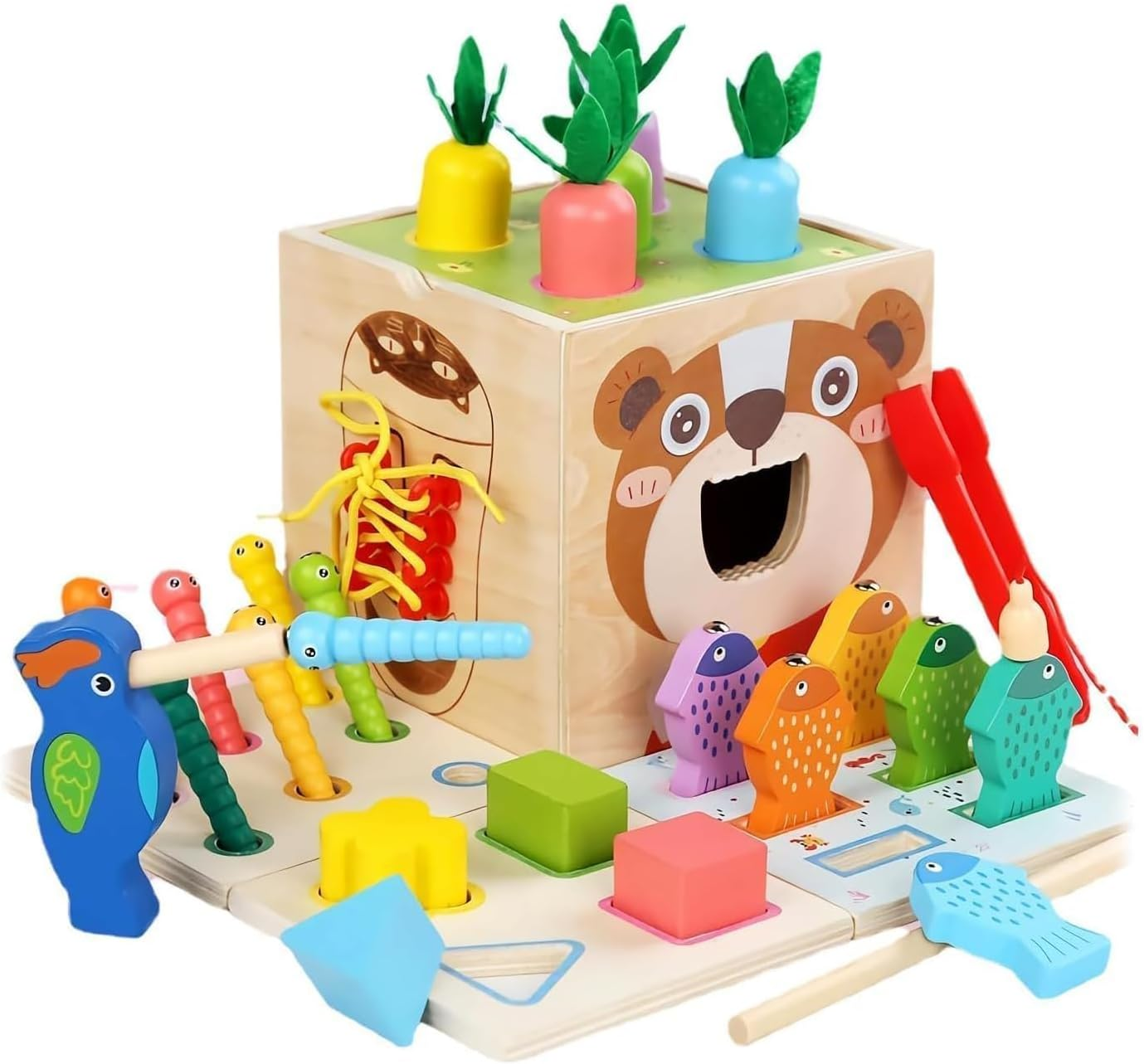 Wooden Activity Cube, 8-In-1 Shape Sorter Toy for Toddlers 1-3, Sensory Play Center with Shape Sorting Box Magnetic Fishing Spinners Educational Developmental Toy for Babies 6-12 Months