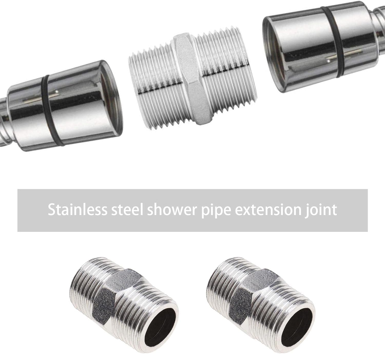 Shower Hose Extender 3Pcs Pipe Fitting Hex Nipple Shower Hose Extension Bsp1/2Inch X BSP 1/2Inch Shower Hose Extender Stainless Steel Connector for Shower Bathroom Rvs image number 5