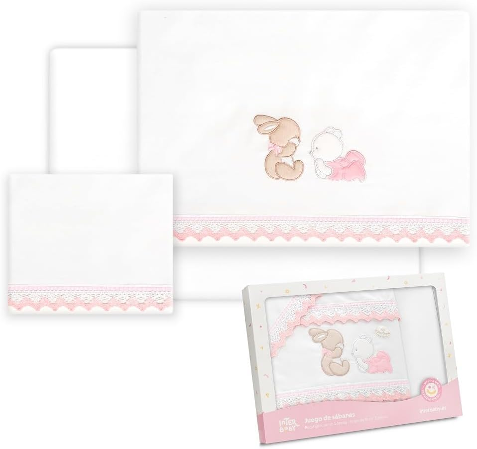 Interbaby Cotton Baby Bedding - Car/Moses/Carrycot - Bear Rabbit Lying down - 3 Piece Set - Fitted Sheet + Duvet Cover + Pillowcase