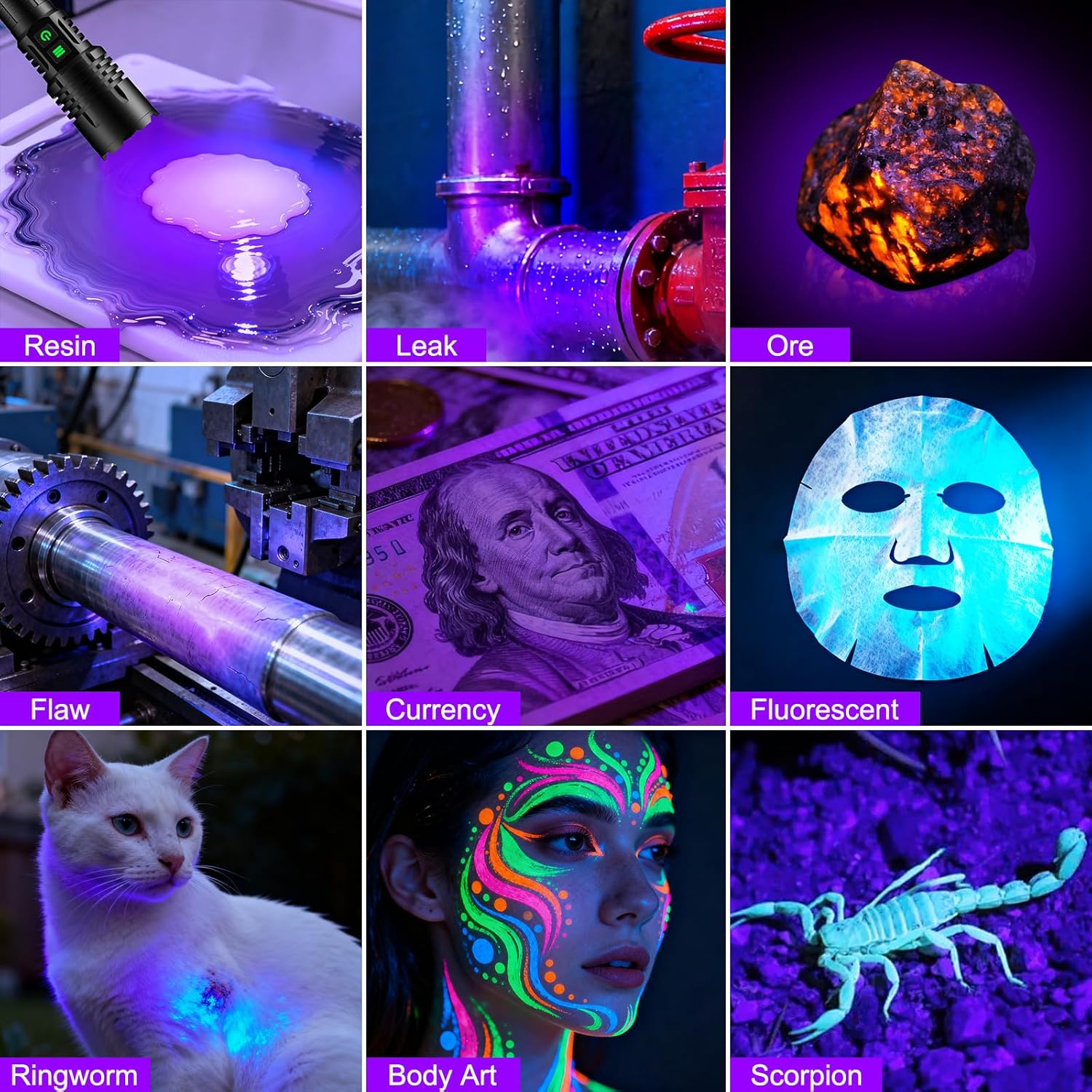 2-In-1 365Nm UV Torch & LED Flashlight Rechargeable, 30W Zoomable UV Light Black Light Torch for Pet Urine Detection, Resin Curing, Rocks, Scorpions, Waterproof Flashlights for Camping, Emergency image number 5