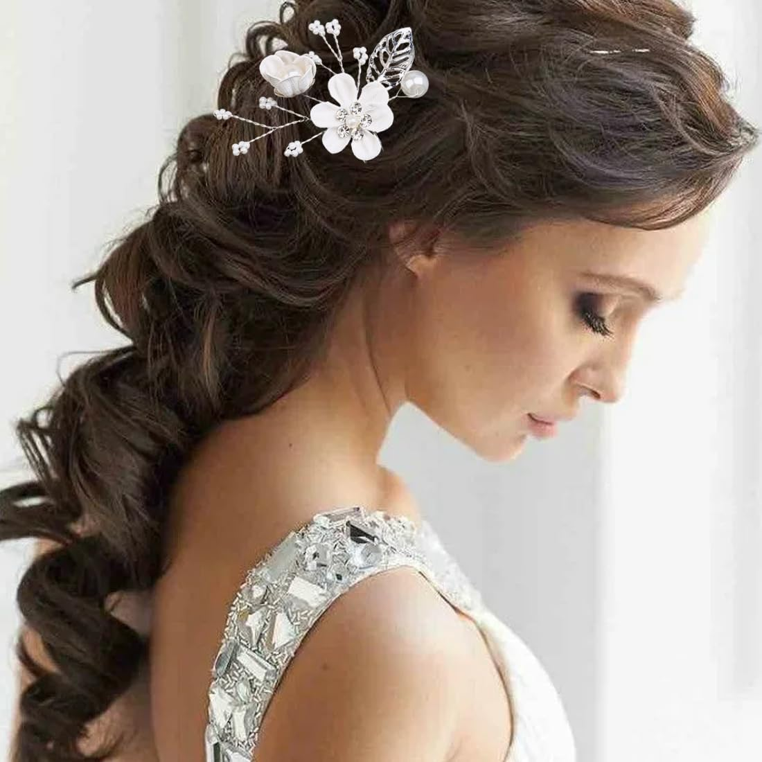 OUDQFCJ Pack of 4 Wedding Hair Pins, Flower Pearls Bridal Hair Accessories, Silver Bridal Jewellery, Hair U-Shaped Wedding Hair Clips for Women and Girls image number 5