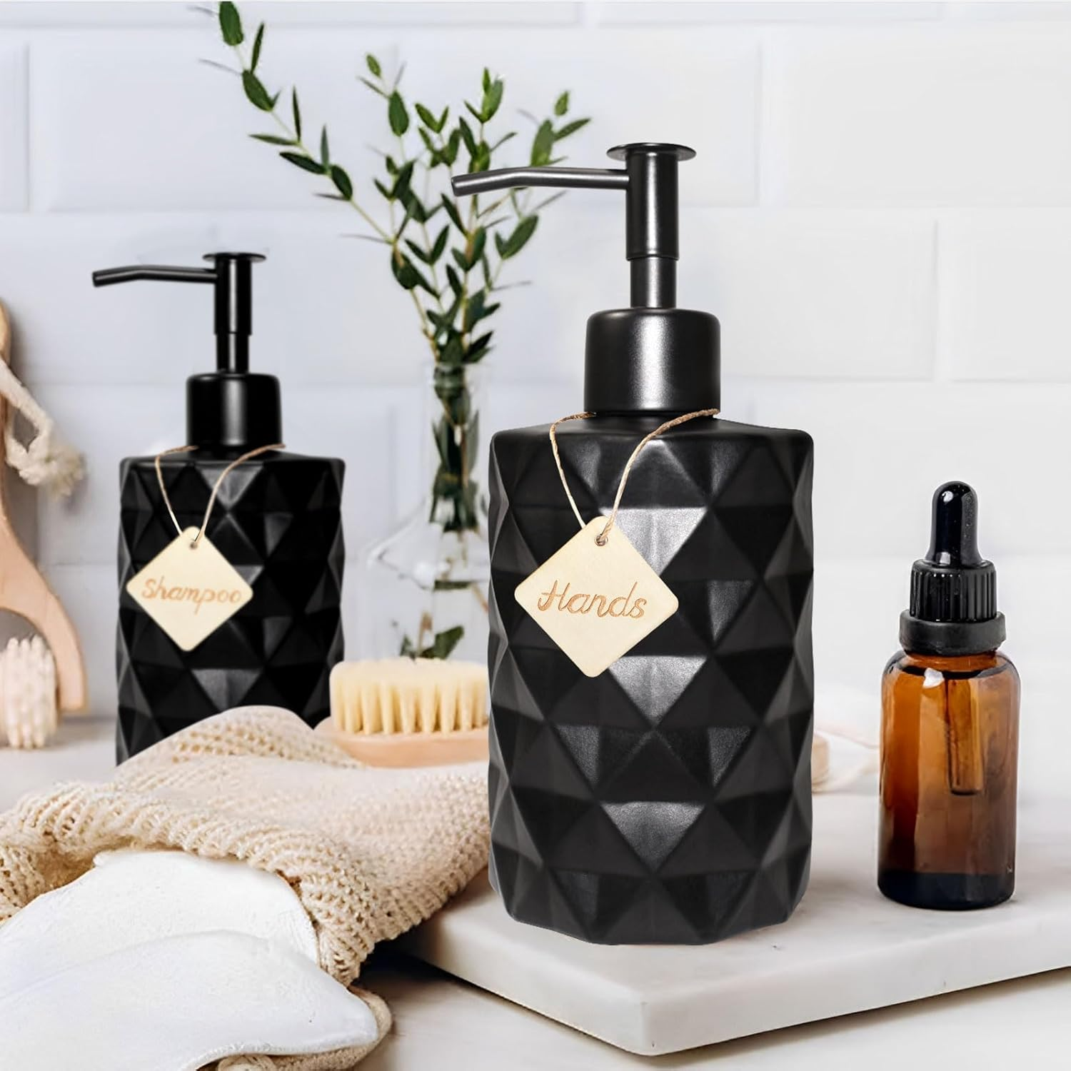 Set of 2 Glass Washing-Up Liquid Dispenser, Soap Dispenser Matte Black with Tray, Soap Dispenser Set, Hand Soap Dispenser, Shower Gel Dispenser for Kitchen, Bathroom, Shampoo, Lotion image number 5