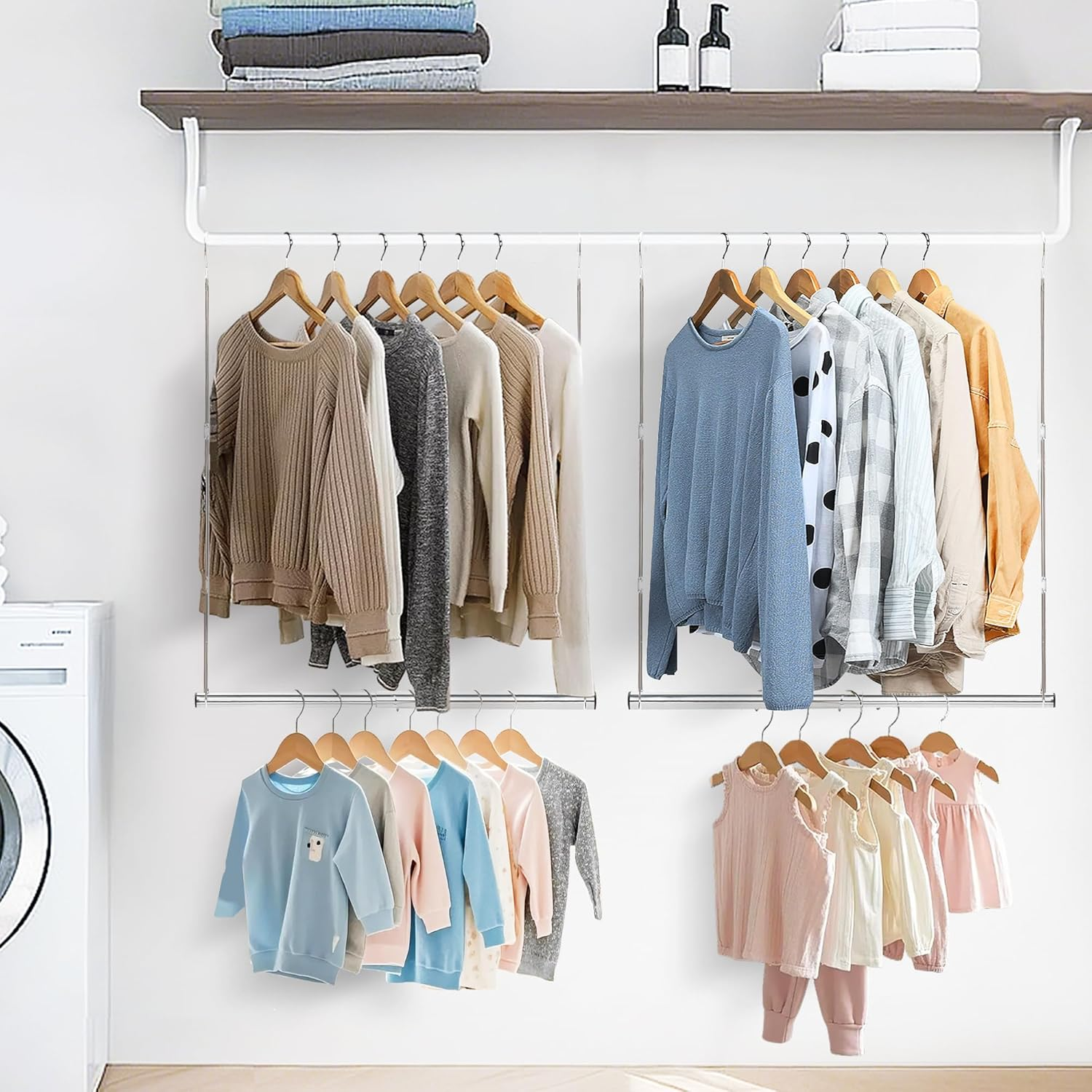 STORAGE MANIAC Hanging Closet Rod, Adjustable Width and Height Closet Hanging Organizer, Space-Saving Clothes Hanging Bar, Closet Extender Hanging Rod Double Closet Hanging Rod, 1 Pack Chrome image number 5