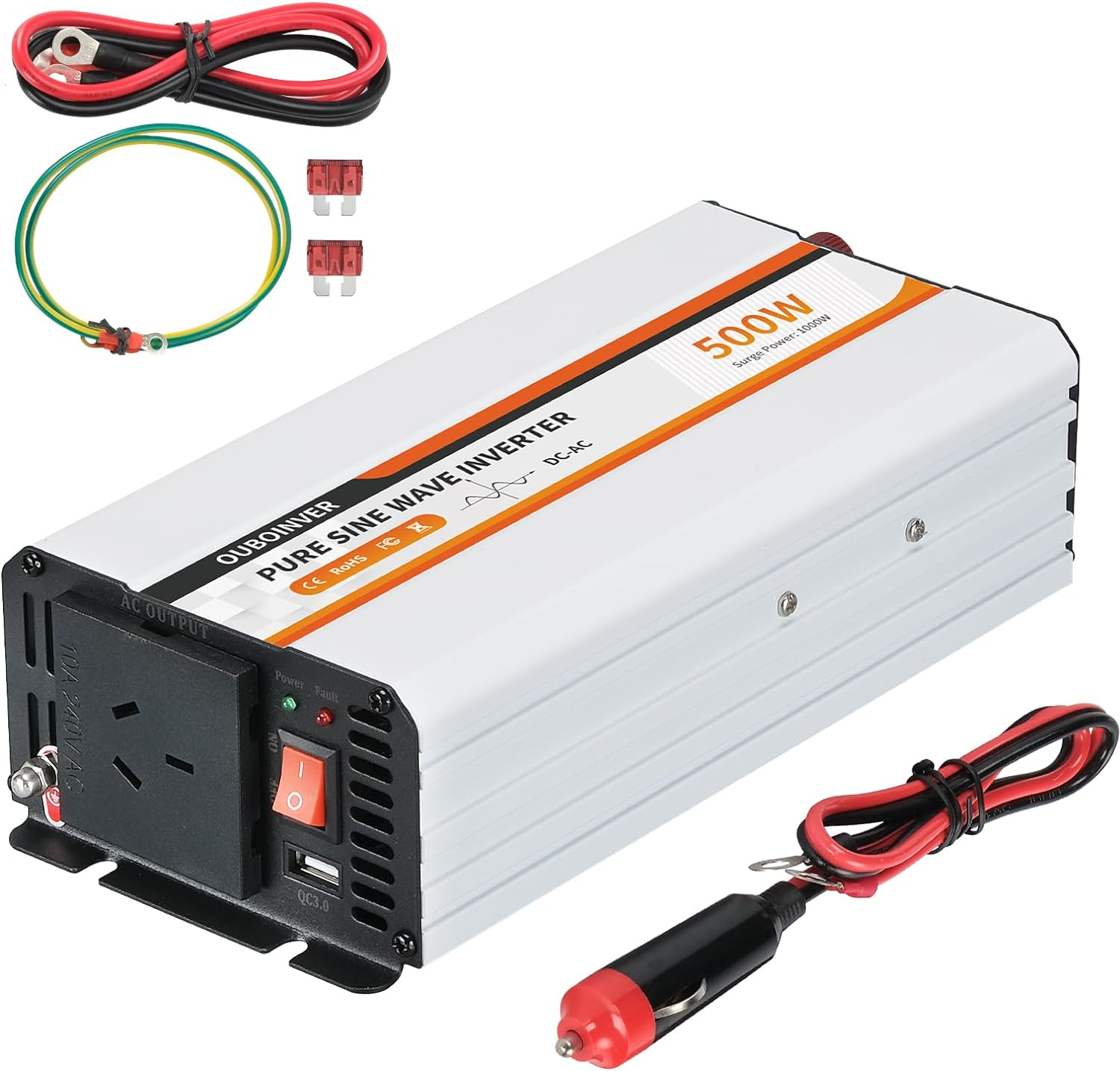 500W Power Inverter, DC 12V to 240V AC Converter for Vehicles Car, Pure Sine Wave Adapter with AC Outlets USB Port Car Charger for Laptop Smartphone Small Power Tool image number 2