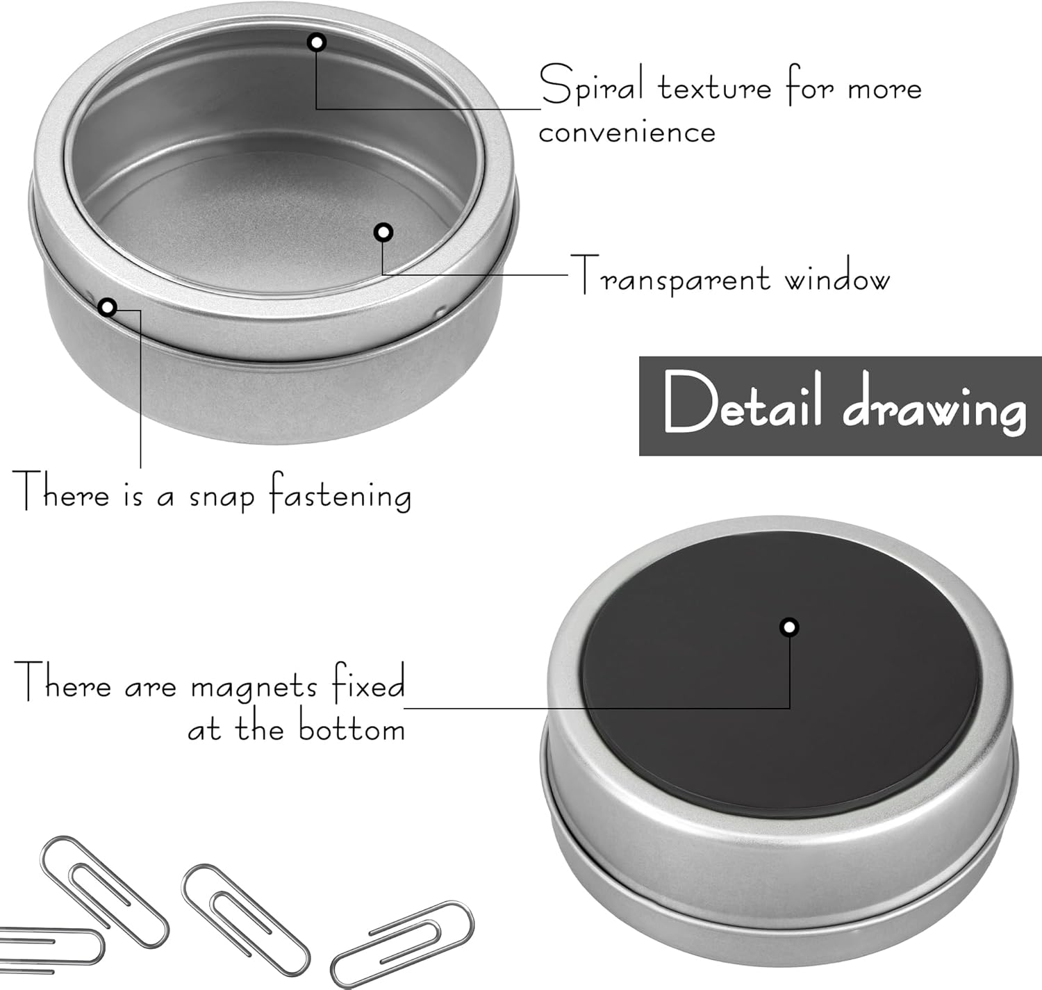SHIDOW Magnetic round Paper Clip Holder, Stainless Steel Clip Storage Box, Cute Paperclips Smooth Wire Bookmarks in Tinplate Paper Clips Dispenser Holders(2 Pcs, Matte Silver)