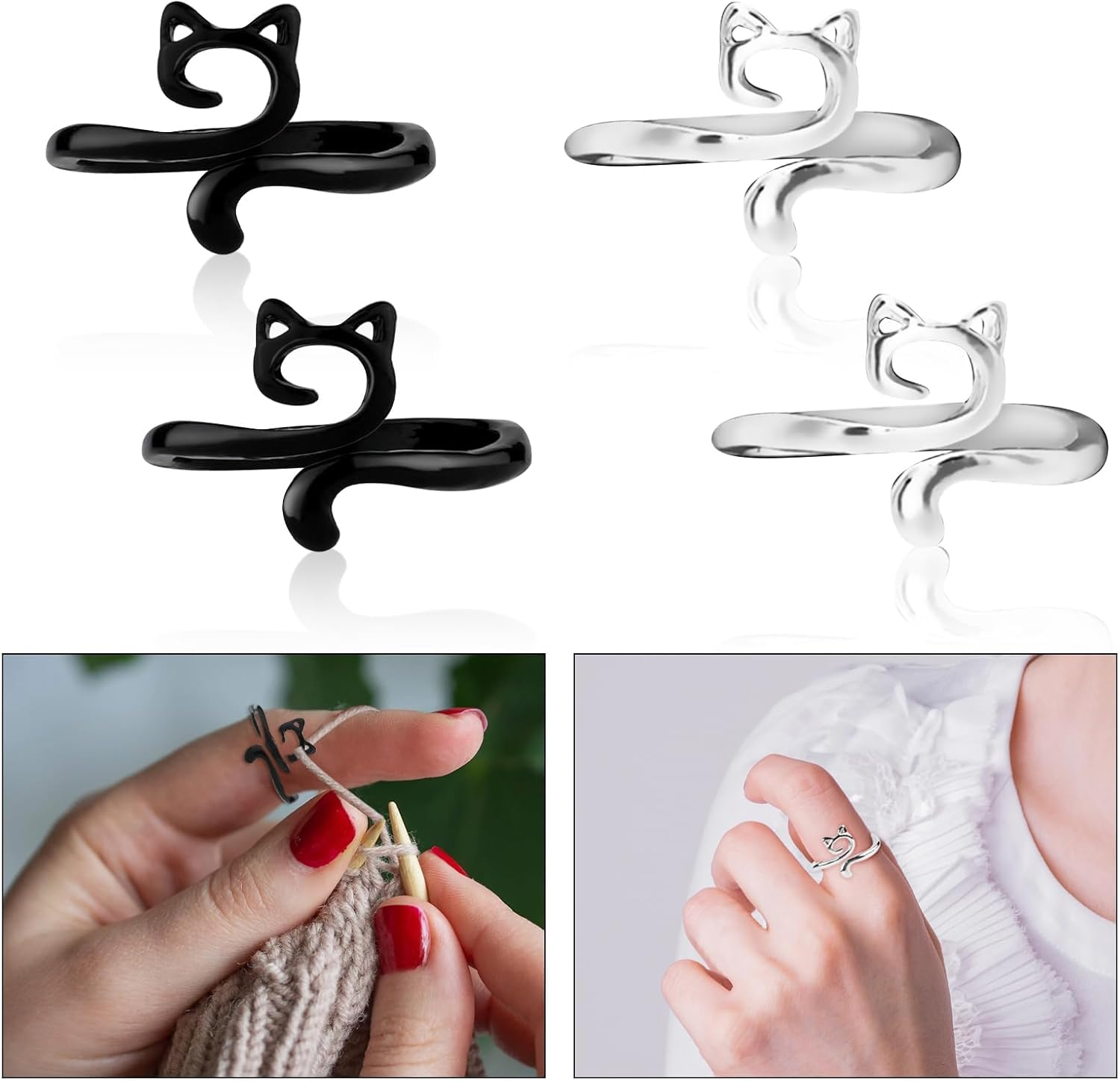 4Pcs Crochet Rings, Adjustable Knitting Crochet Loop Rings Open Yarn Tension Ring Yarn Guide Finger Holder Knitting Thimble Ring for Faster Knitting Supplies for Mother Grandma Gift(Cat Style) image number 2