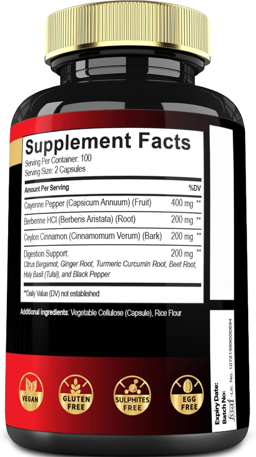 Cayenne Pepper Capsules 1000Mg with Turmeric Curcumin Root, Berberine Hcl, Ceylon Cinnamon Bark & More - 200 Capsules