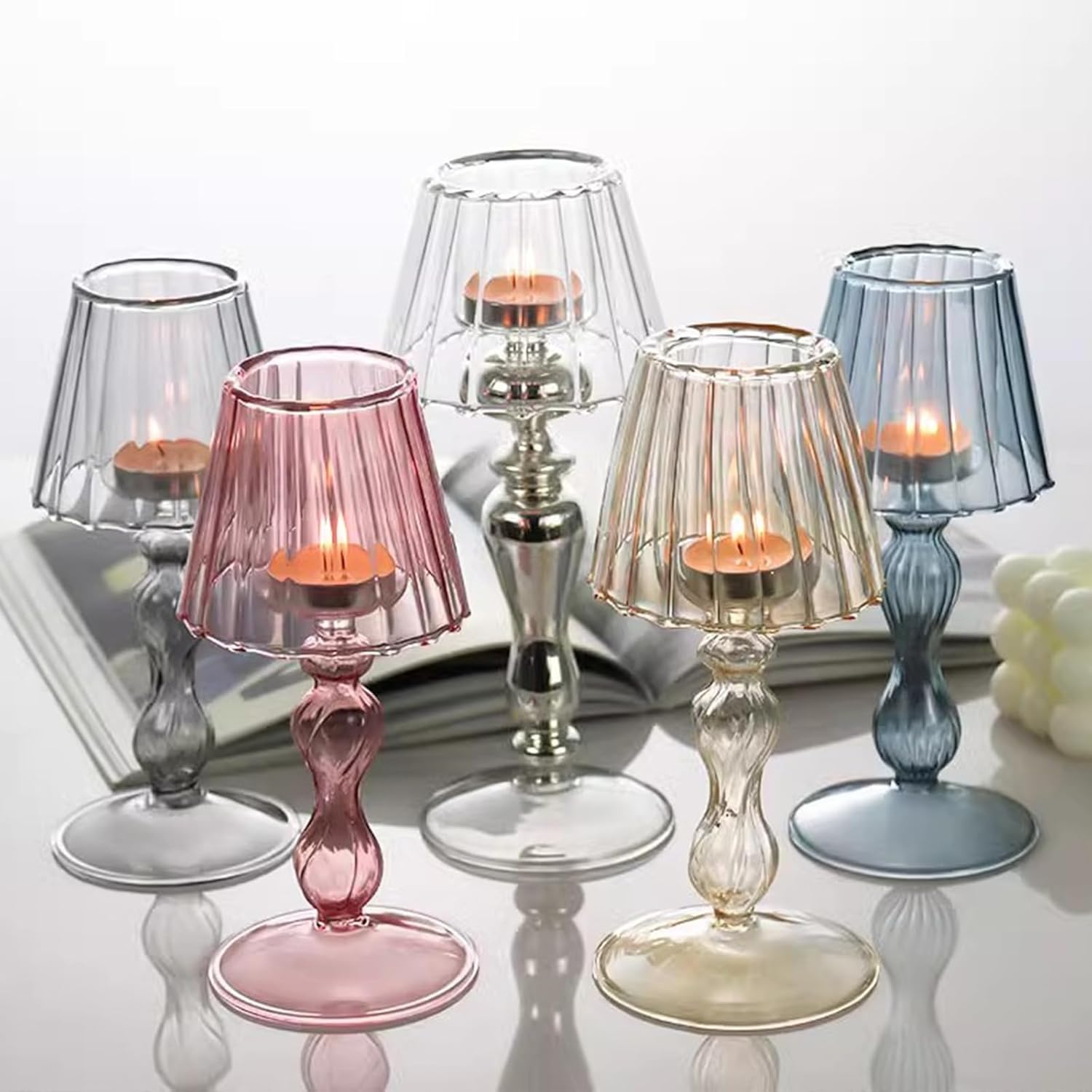 MLKLDOU Glass Candlestick Holder，Candle Holder Desk Lamp Shaped，Glass Tea Light Candlestick for Home Dining Table Office Desk Party Decoration Candle Holder (Transparent) - Transparent image number 6