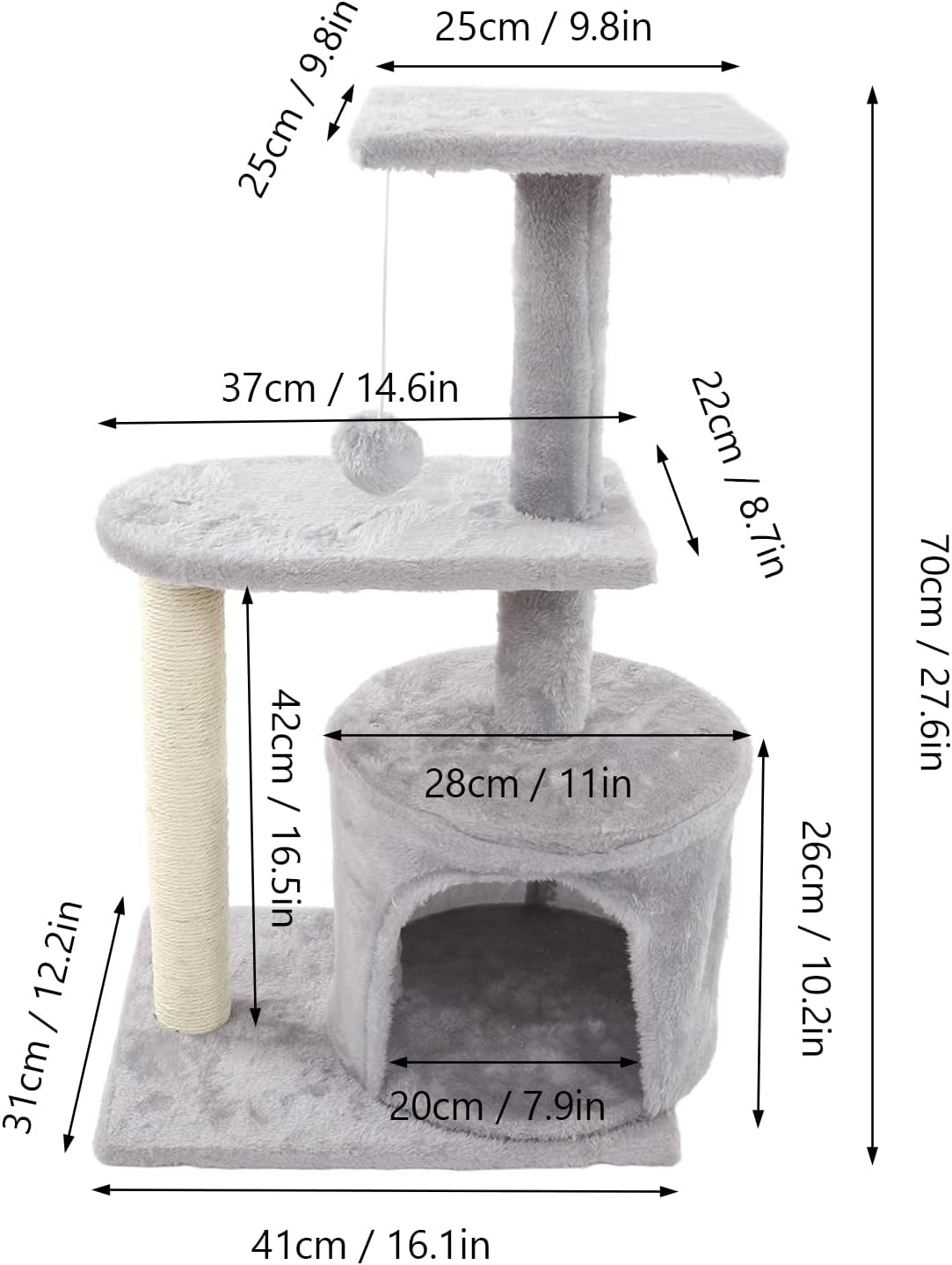 Cat Tree House, Soft Plush Cat Activity Tree with Hanging Plush Balls, Spacious Space Multi Layer Cat Scratching Tower Toy Supplies Cat Scratcher Post for All Seasons image number 2