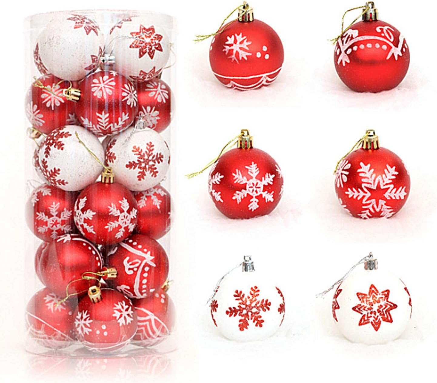 Alimitopia 24Pcs Christmas Ball Baubles,2.4" Shatterproof Assorted Painting Patterns Hang Balls Pendant for Xmas Tree Decoration(6Cm,Silver&White)
