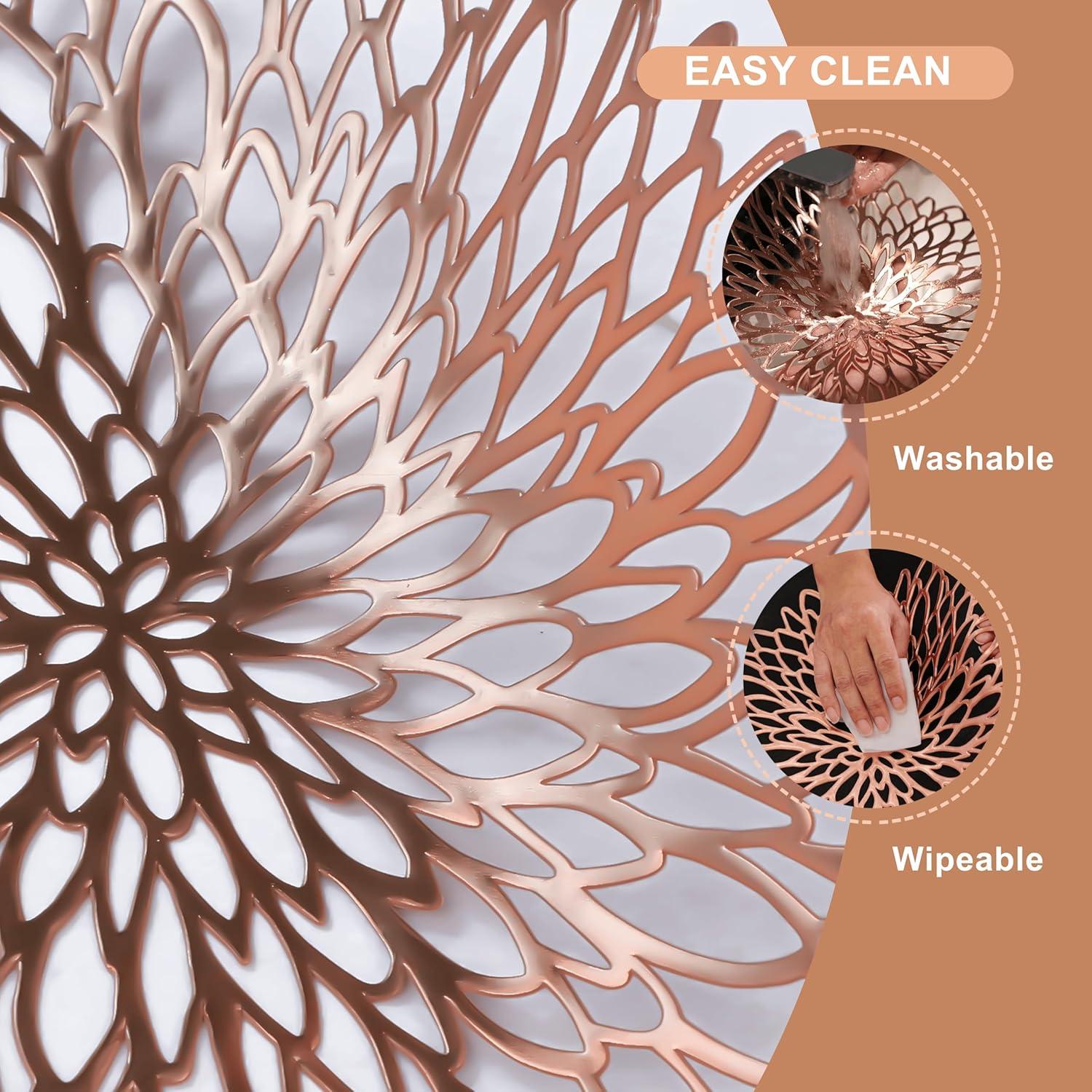 Snowkingdom 6 Pack Rose Gold Placemats Metallic Pressed Vinyl for Mother'S Day Table Decoration Dinning Mats round Floral Charger Plates Bridal Shower Party Birthday Wedding Valentine Christmas - 8, Gold image number 6