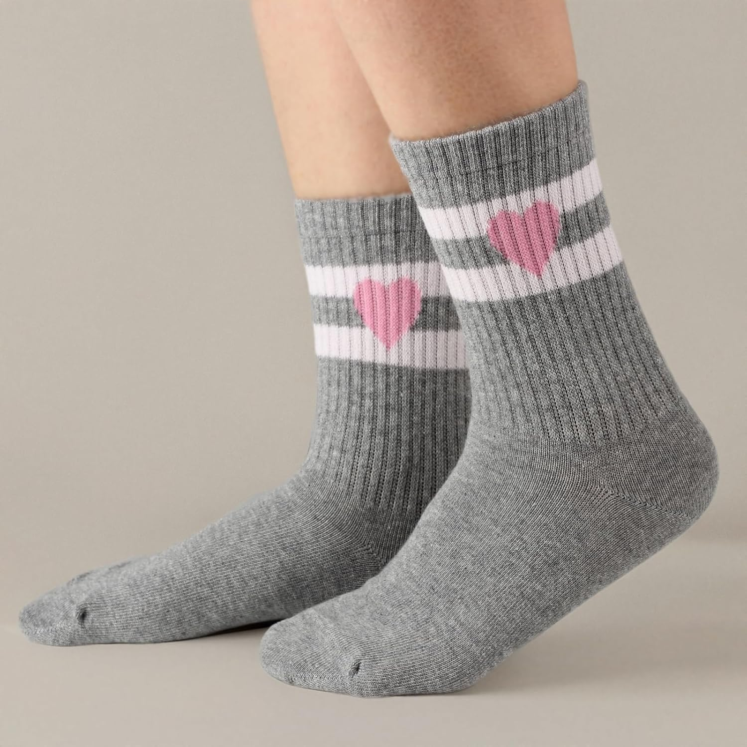COTTON DAY Kids Girls Pink White Crew Athletic Socks with Retro Stripes Hearts image number 3