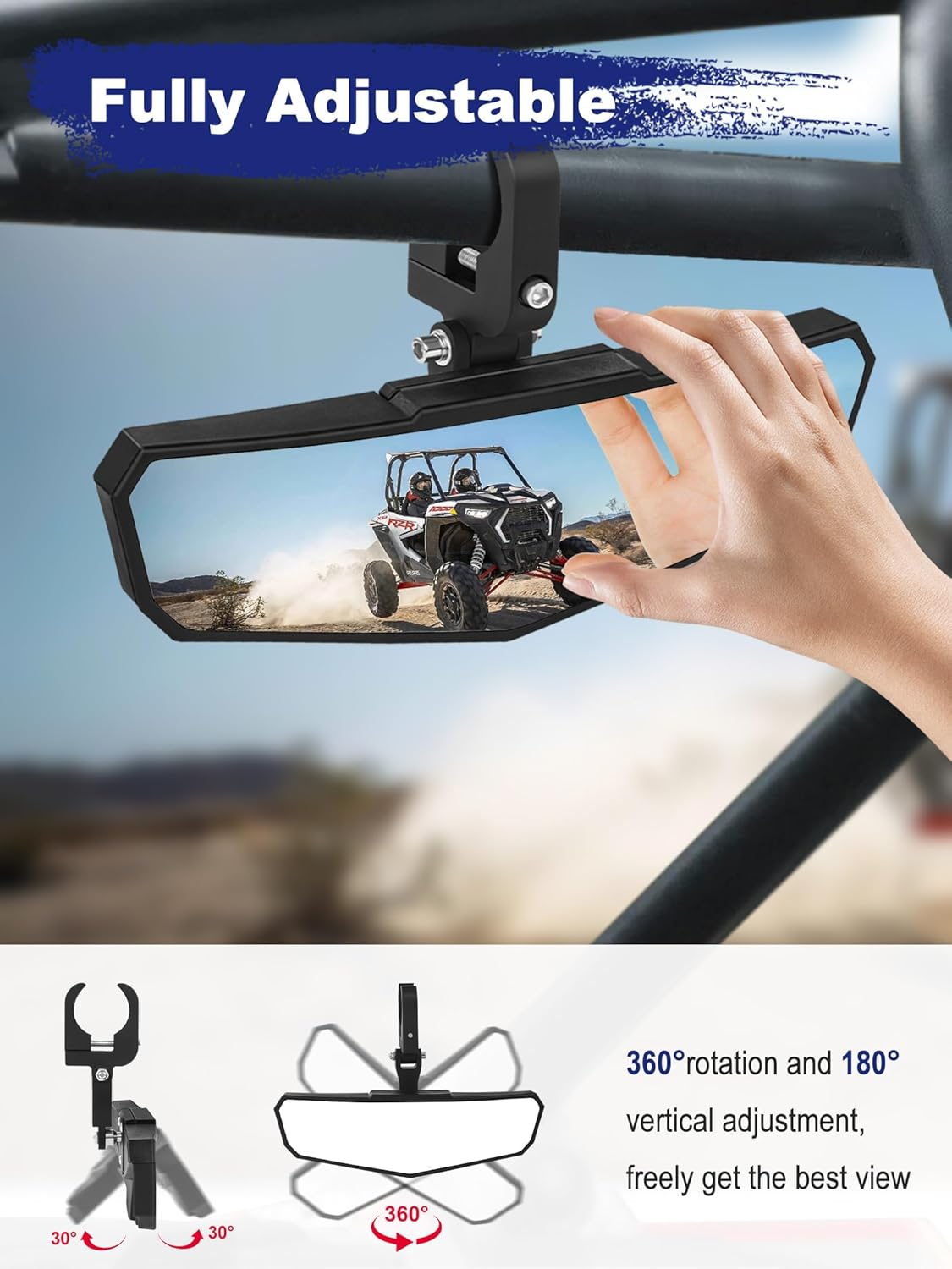 UTV Rear View Mirror, HD SXS UTV Center Mirror with Aluminum Clamp Fits 1.5"-2.0" Roll Cage Mount, Compatible with Polaris RZR, Maverick Can Am X3, Pioneer, Talon, Kawasaki, CFMOTO, Yamaha image number 2
