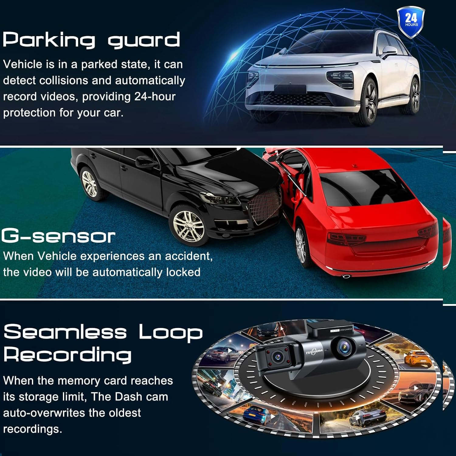 A6 Triple Lens Dash Camera - 2K Front, 1080P inside & Rear, Built-In GPS & Wifi, Night Vision, 3" LCD Screen Dash Camera for Cars with App ﻿ image number 4