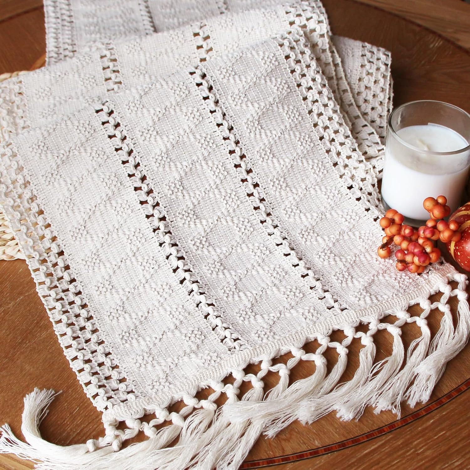 Heatunk Boho Macrame Style Table Runner - Ivory Woven Farmhouse Home Decor-Ivory(12*47 Inch) image number 2