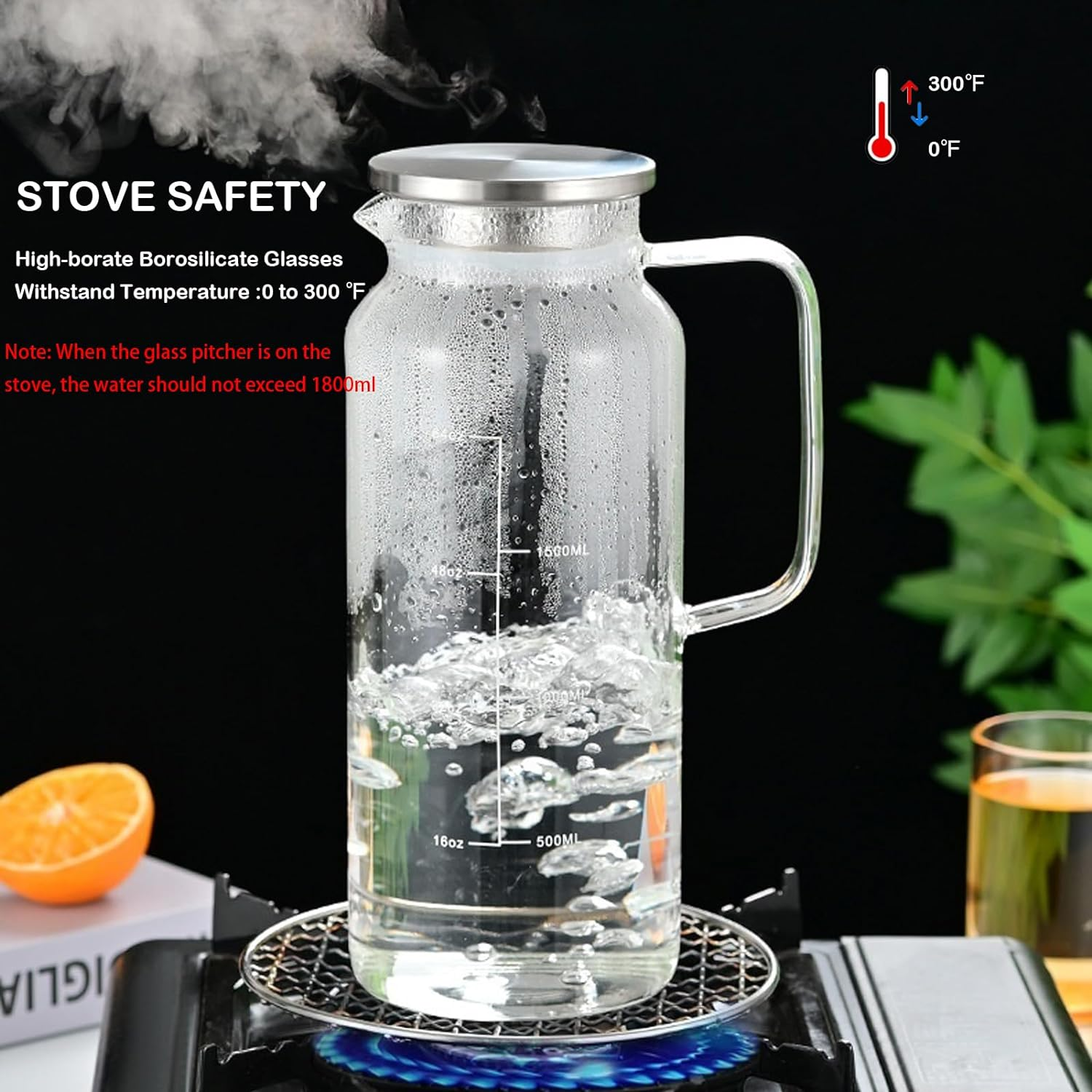 Glass Pitcher with Lid and Spout 2 Liter, Ekvinor Water Pitcher for Fridge, Glass Carafe for Hot/Cold Water, Large Iced Tea Pitcher for Coffee, Juice and Homemade Beverage image number 5