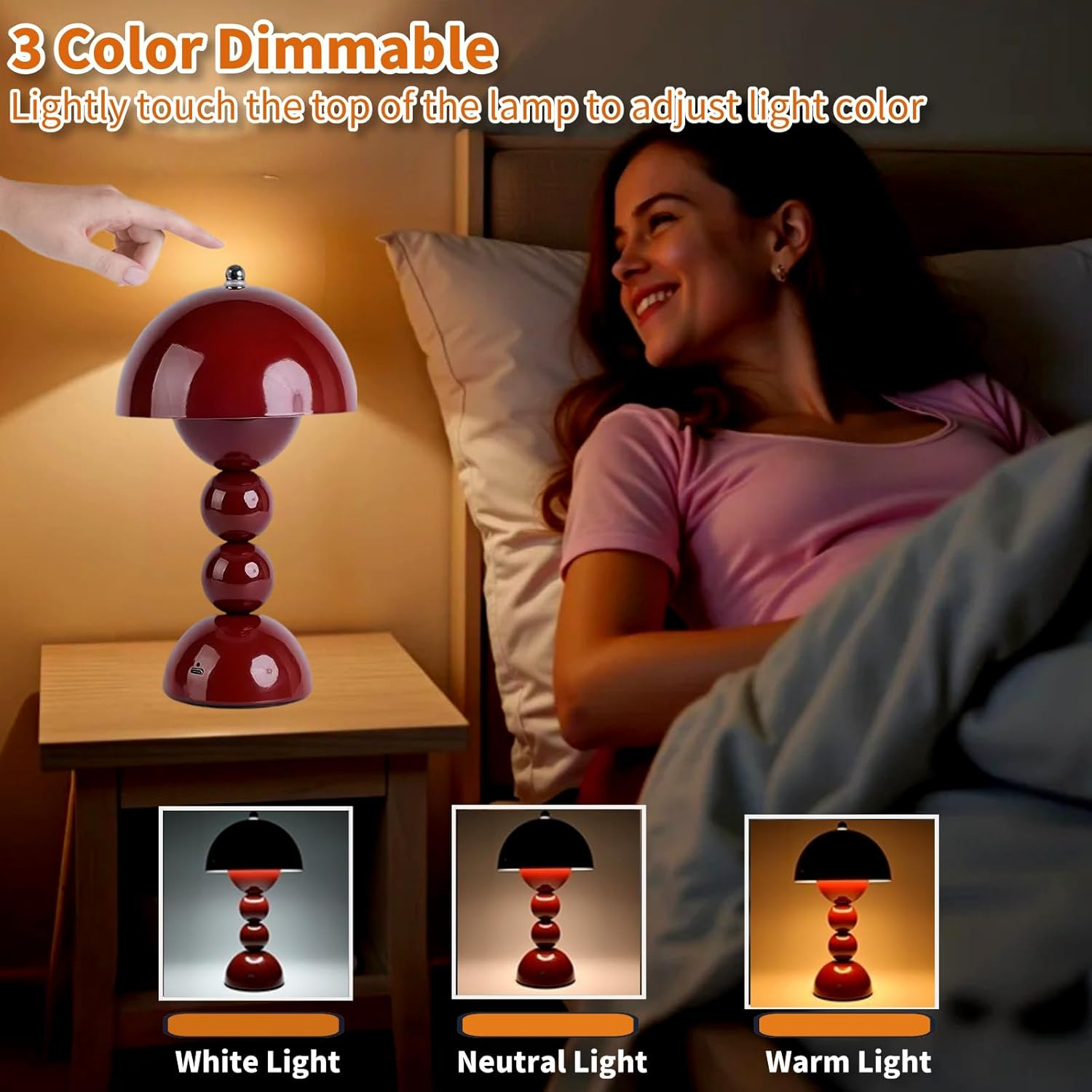 Cordless Table Lamp, 3-Color Dimmable & Touch Control Bedsied Rechargeable Desk Light, Portable Battery Powered Mushroom Lamp for Bedroom Nightstand, Kitchen, Office, Outdoor Decor (Drak Red) - Red image number 6