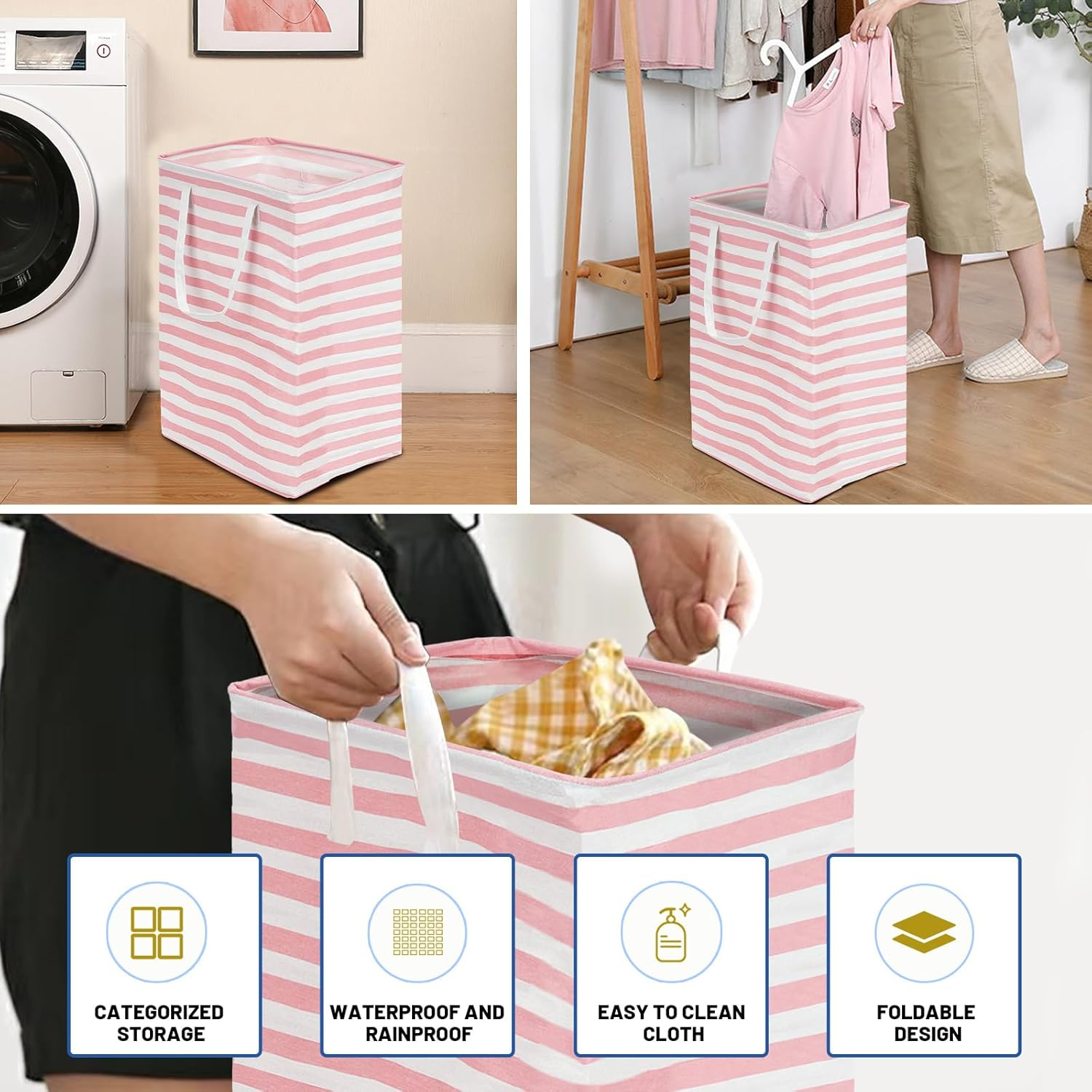 Glarks 1 Pack 75L Large Laundry Basket, Waterproof Laundry Hamper with Long Reinforced Handles, Collapsible Freestanding Clothes Hamper for Bedroom, Bathroom, Dorm(Pink Stripe)