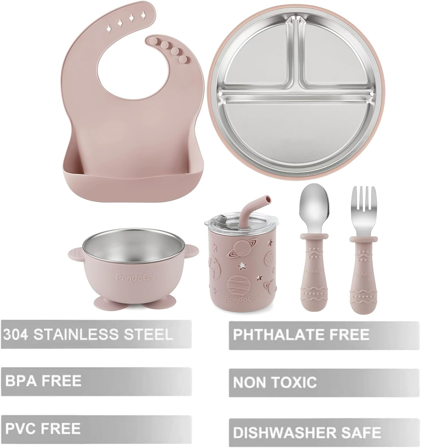 Pandaear 6-In-1 Stainless Steel Baby Feeding Set | Divided Suction Plate, Bowl, Sippy Cup with Straw, Bib, Spoon & Fork | Bpa-Free Toddler Feeding Essentials for Self-Feeding, Pink image number 5