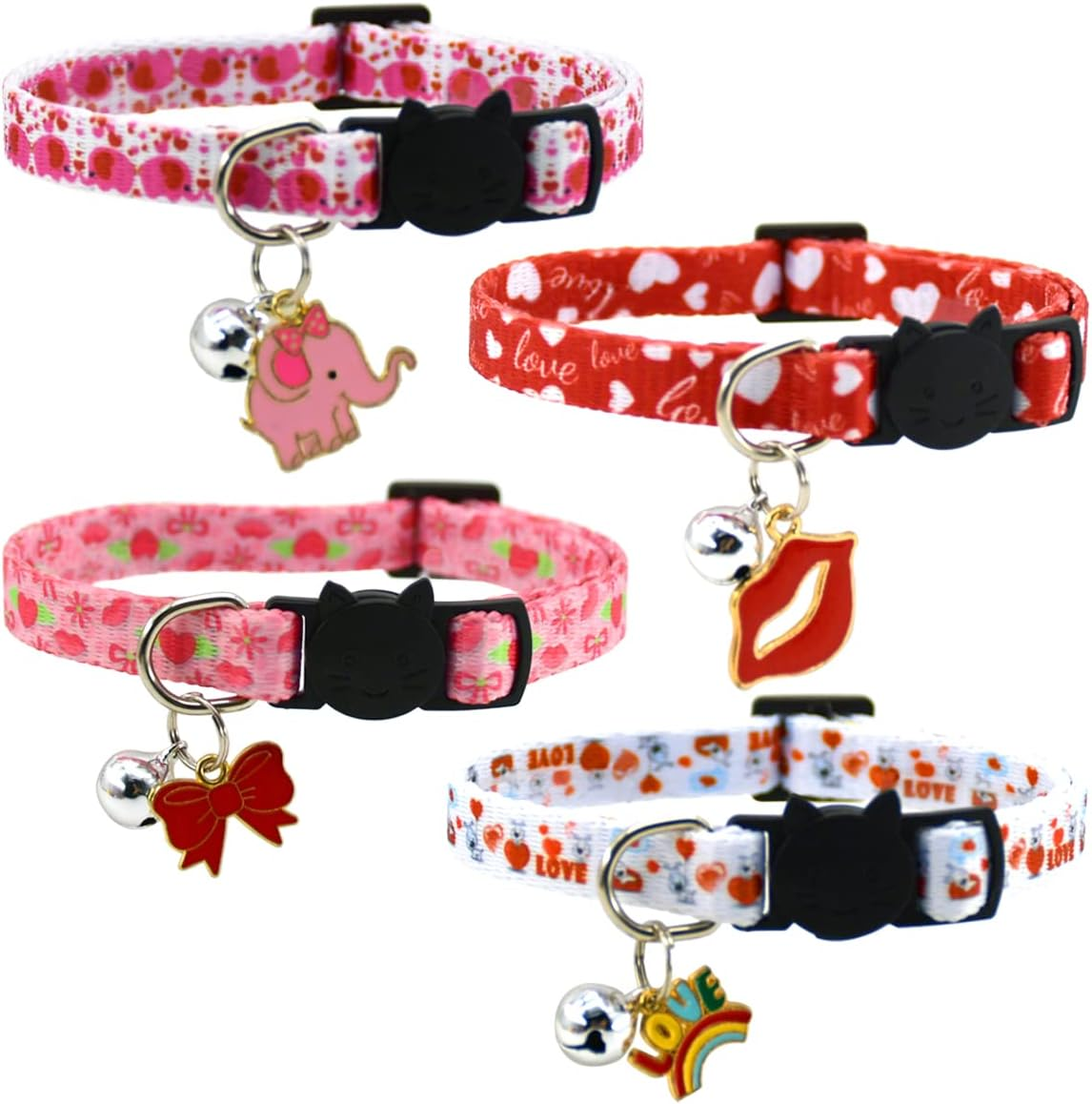 Cooshou 4PCS Valentine'S Day Cat Collars with Bells Kitten Breakaway Collar with Charming Pendants Pet Adjustable Collars with Red Lips Love Bow for Cats Kitten Small Dogs image number 5