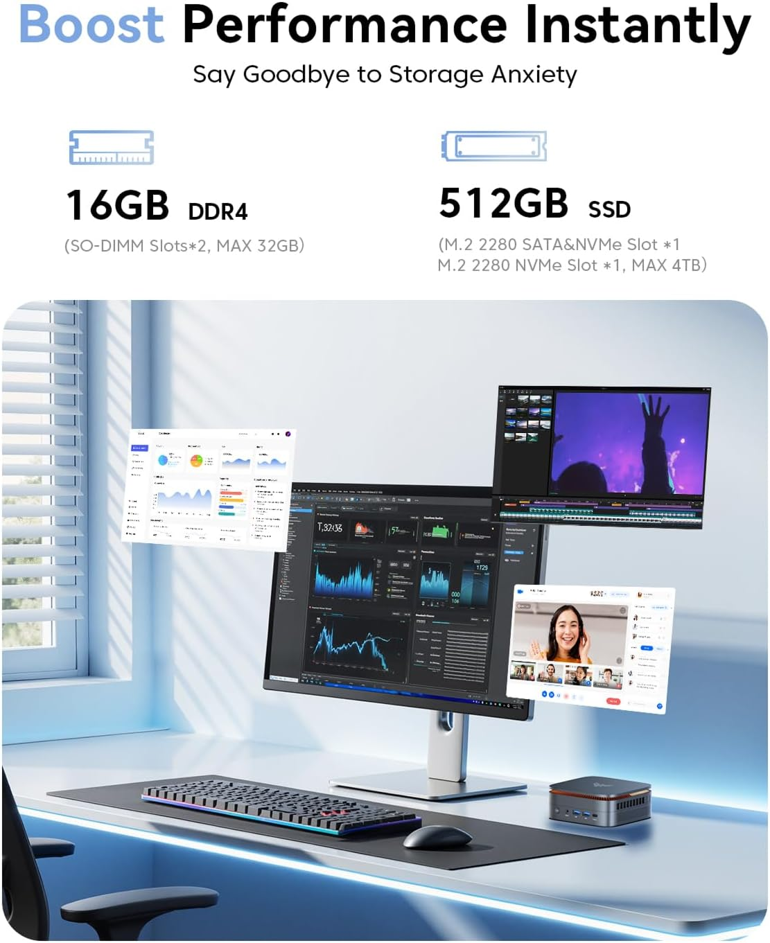KAMRUI P1 Mini PC AMD Ryzen 3 3300U(Up to 3.5Ghz) 16GB DDR4 512GB M.2 SSD Mini PC Win-11 Pro Mini Computer 4K@60Hz Triple Display HDMI2.0+DP1.4+USB-C Wifi5 BT4.2 RJ45 LAN VESA Mount Small PC image number 2