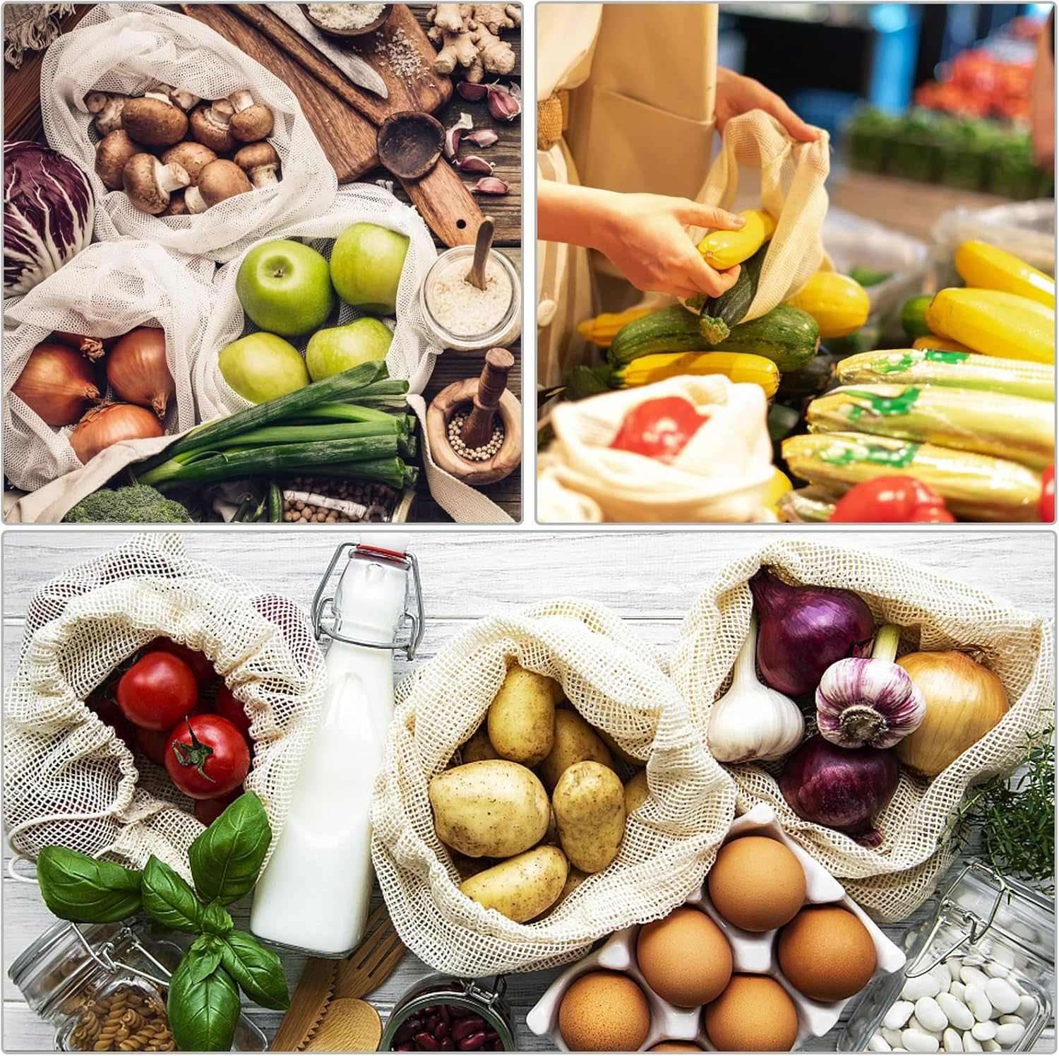 Reusable Cotton Mesh Produce Bags -Biodegradable Washable Eco-Friendly Premium See through Lightweight Net-Zero Bulk Bags for Veggie Fruit Vegetable Toys Grocery-Supermarket Shopping Storage Set of 9 image number 5