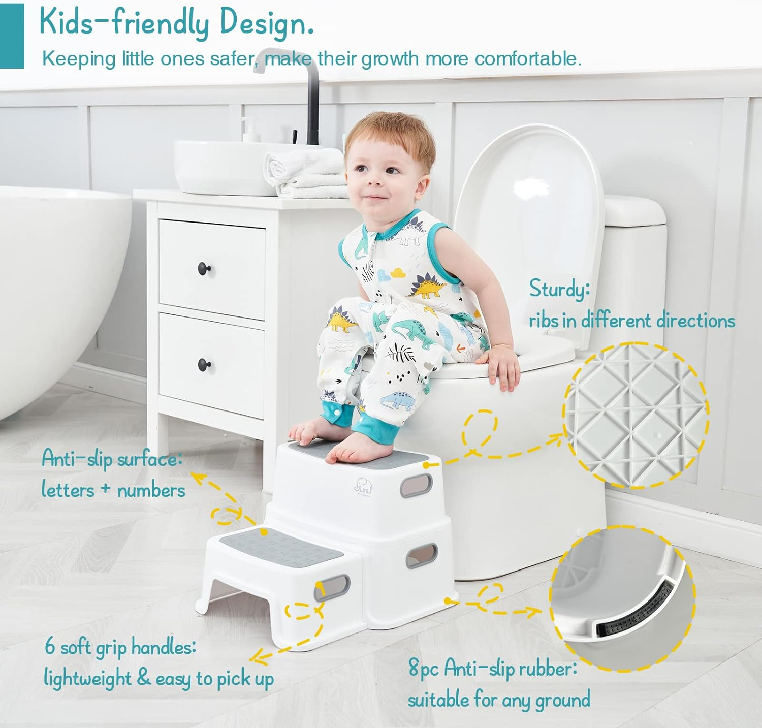 Forbena Toddler Step Stool for Bathroom Sink, 2 Step Stool for Kids Toilet Potty Training, Non-Slip Toddlers Baby Child Kid Plastic Poop Stools with Handle for Kitchen Counter Bed (White-Grey) image number 4
