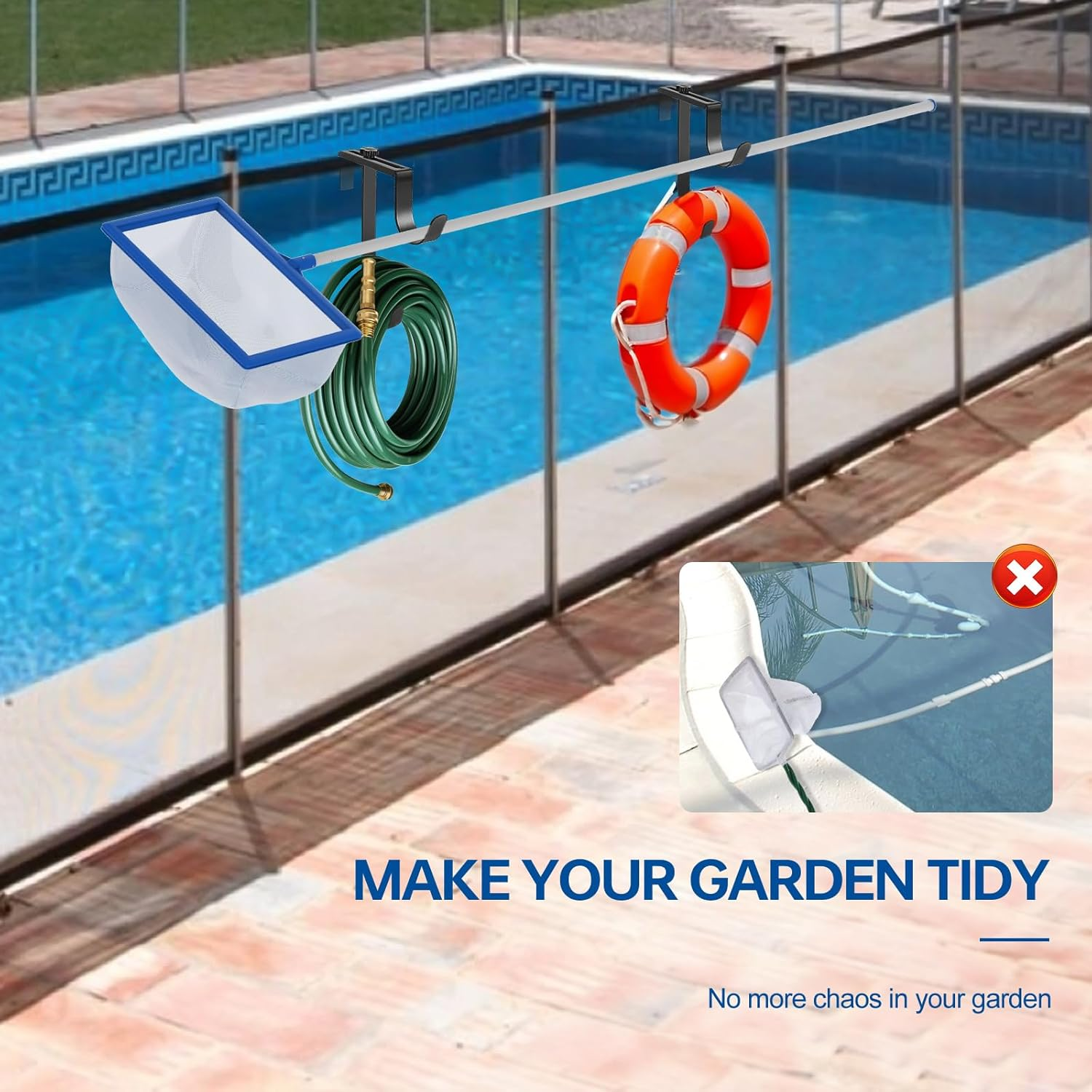 2Pcs Double Pool Pole Hooks, Adjustable Pool Pole Hanger, Metal Equipment Hooks for Hanging Pool Tool, Swimming Pool Accessories for Pool Fence,Wall Pool Tool Holder (Black) image number 2