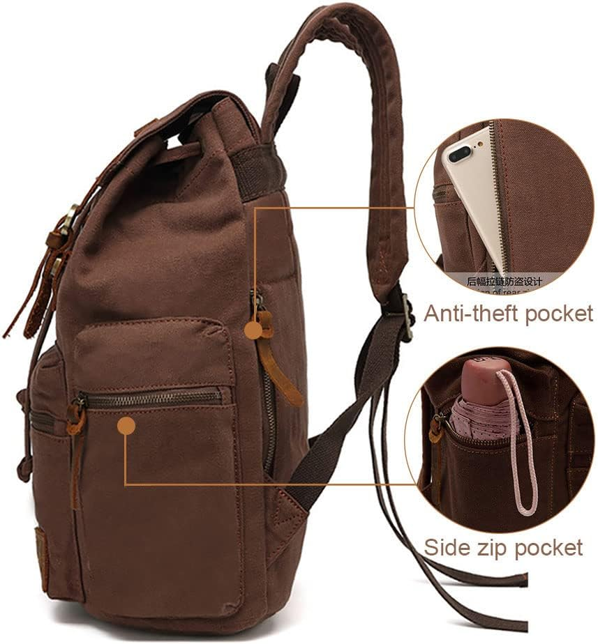 AUGUR Vintage Canvas Leather Backpack Large Laptop Rucksack Bookbag Satchel Hiking Bag image number 5