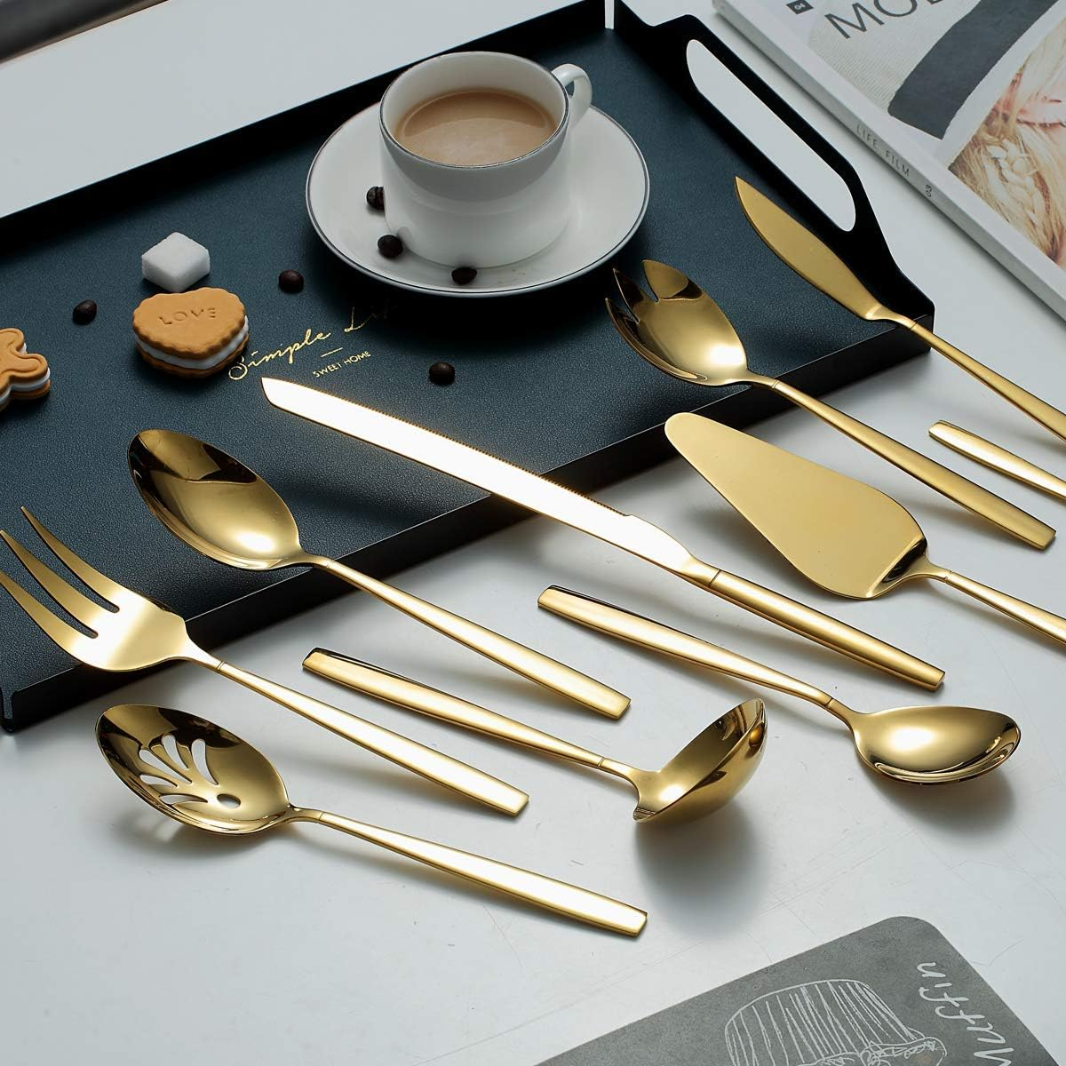 Berglander Gold Serving Utensils 10 Pieces, Titanium Golden Plating Serving Spoons, Included Cake Knife Cake Server Serving Forks Sugar Spoon Salad Spoon Forks Butter Knife Gravy Ladle Ect. image number 2