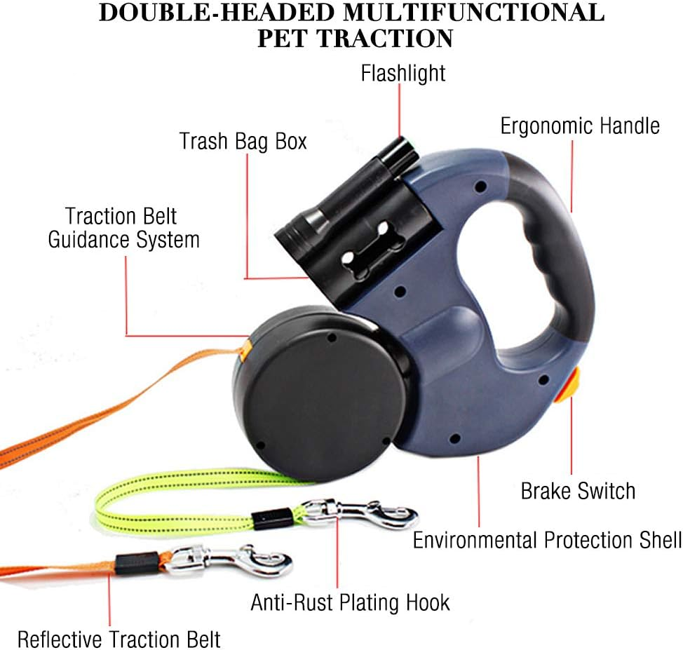 Gobesty Double Retractable Dog Lead, 3 M Double Leash for Two Dogs Flexible Double Dog Lead with Anti-Slip Handle, Bright Flashlight and Waste Bag Dispenser Suitable for Small and Medium-Sized Dogs